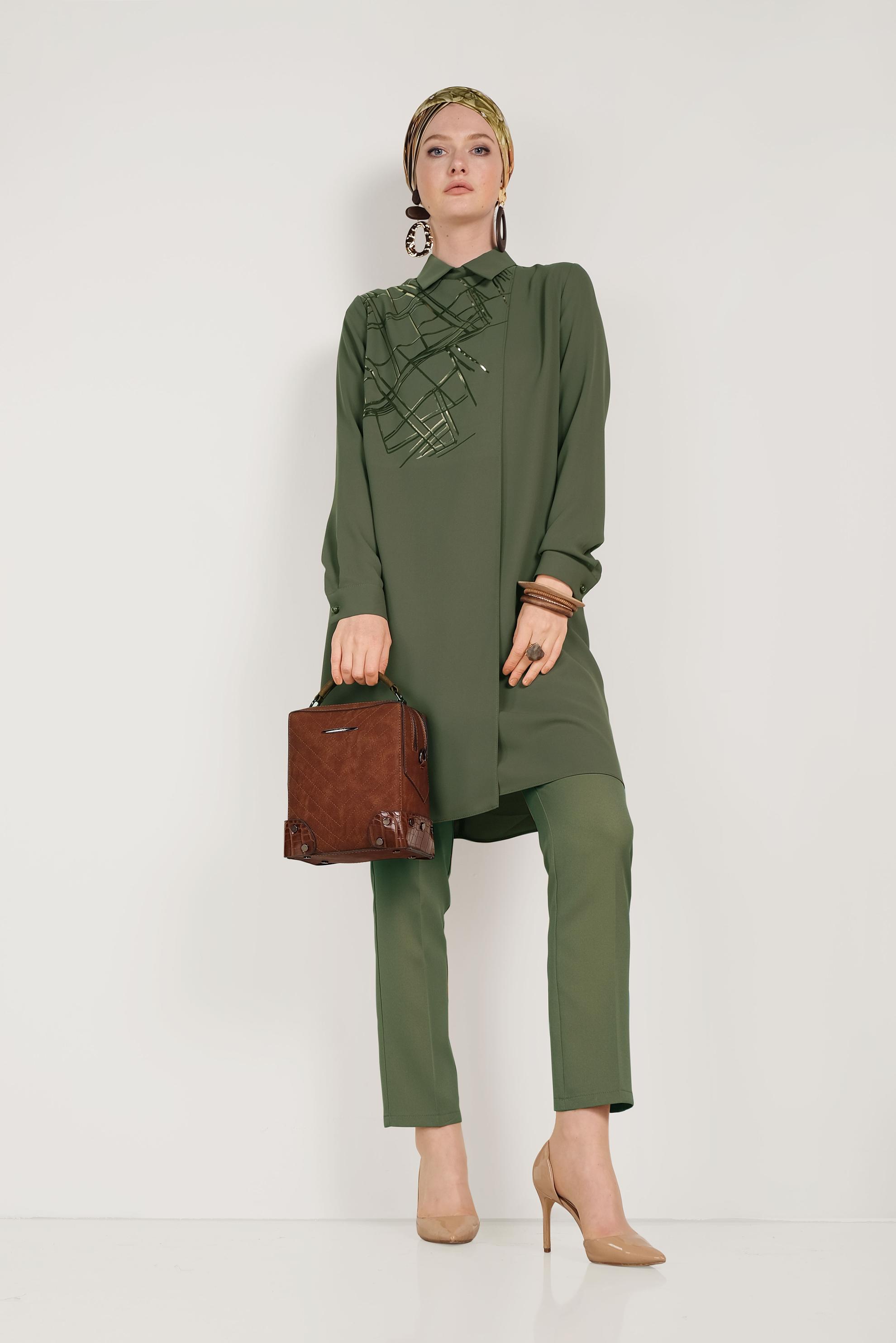 Tesettür giyim HAKİ DAR PAÇA KUMAŞ PANTOLON 70052