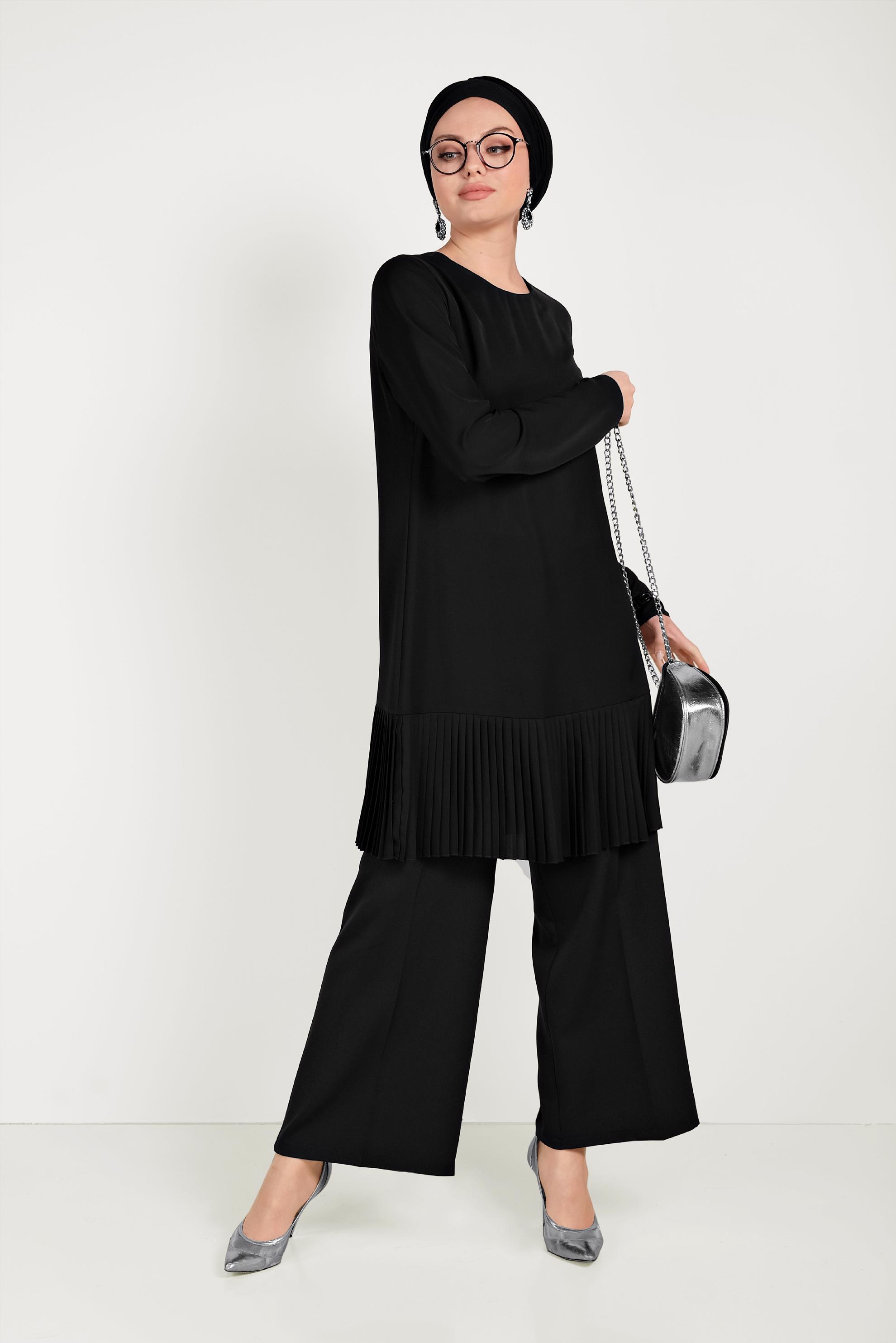 Tesettür giyim SİYAH BOL PAÇA KUMAŞ PANTOLON 70054