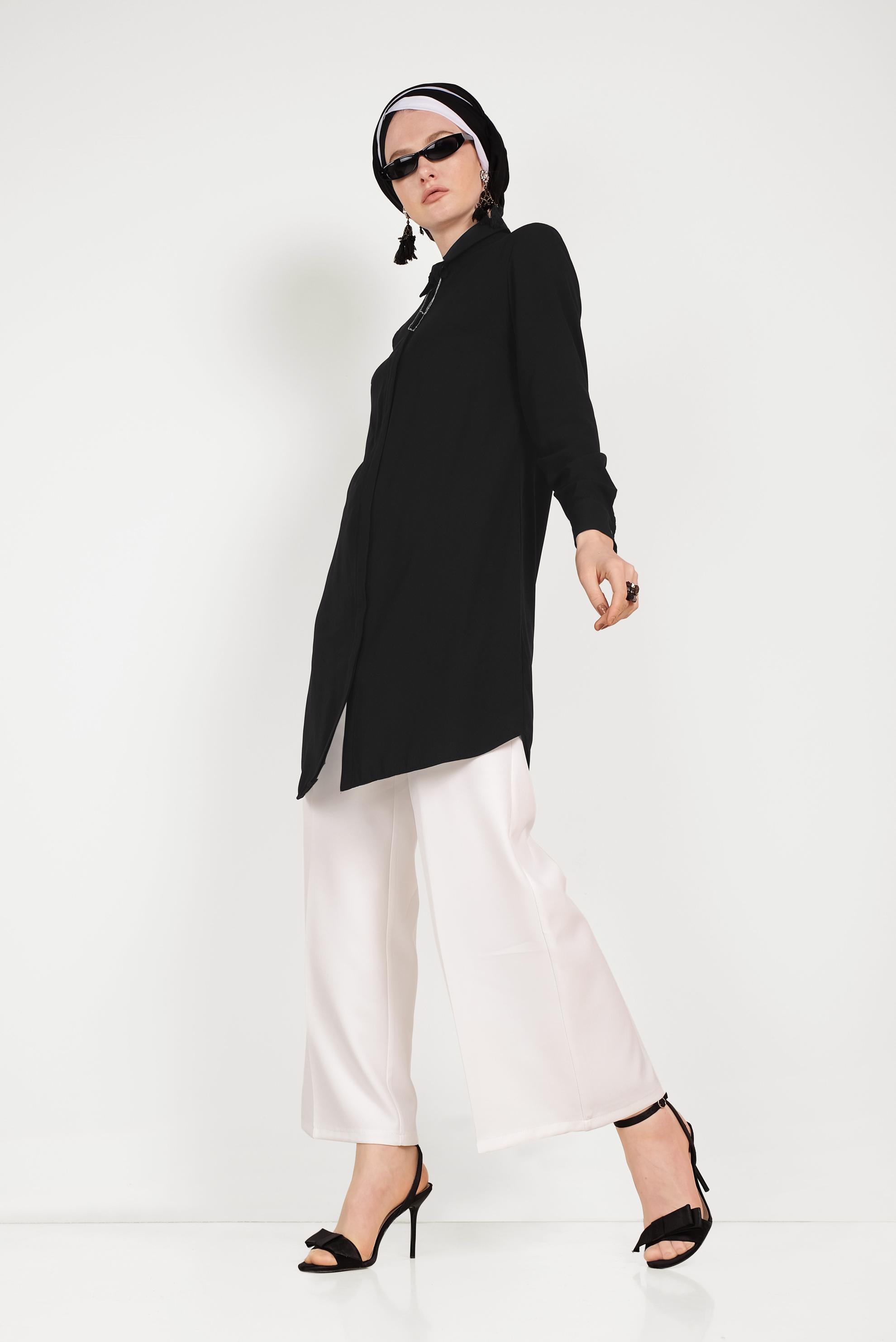 Tesettür giyim BEYAZ BOL PAÇA KUMAŞ PANTOLON 70054