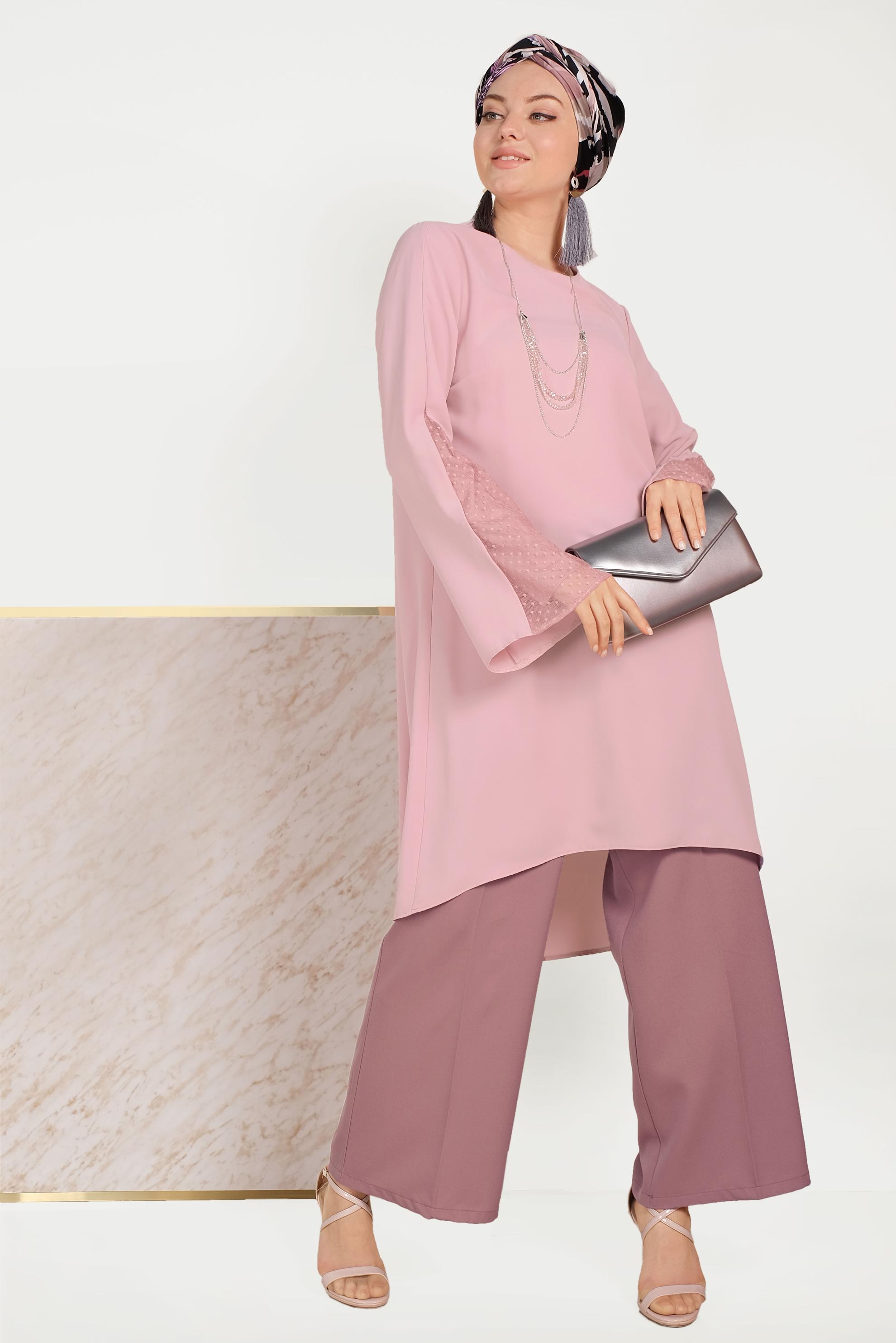 Tesettür giyim PEMBE BOL PAÇA KUMAŞ PANTOLON 70054