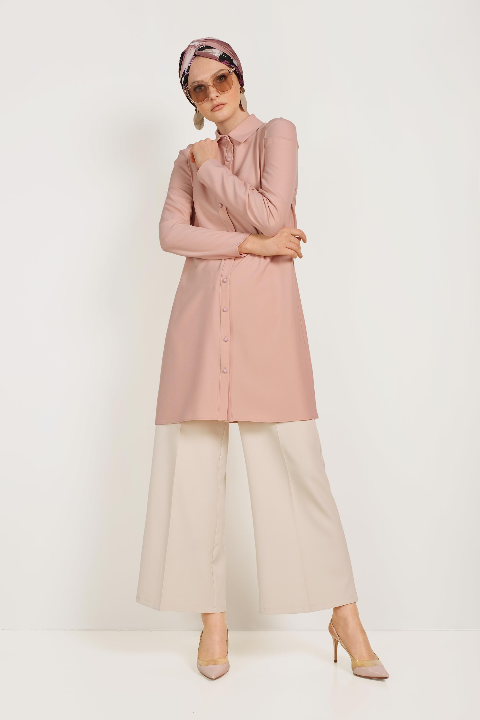 Tesettür giyim EKRU BOL PAÇA KUMAŞ PANTOLON 70054