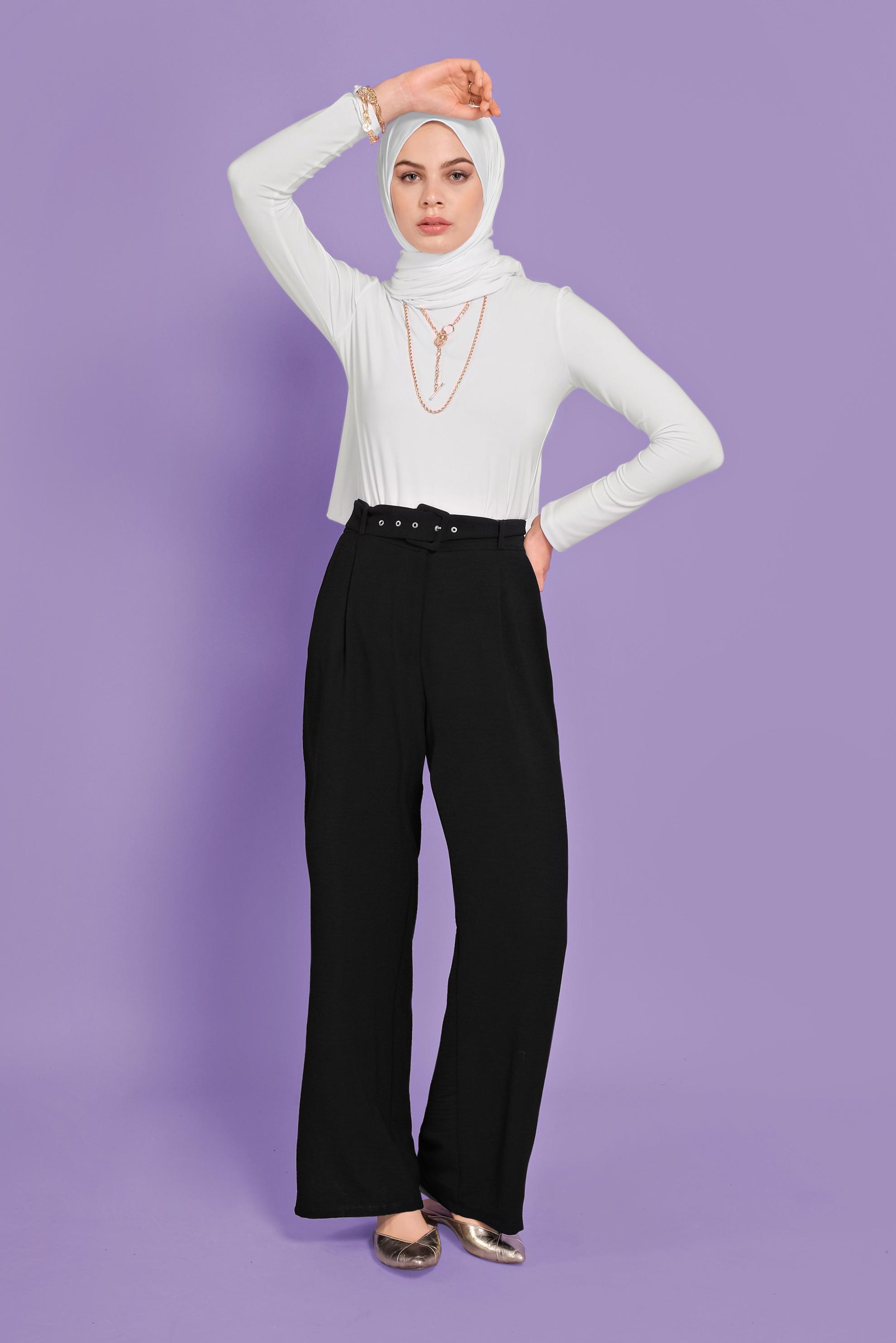 Tesettür giyim SİYAH BELİ KEMERLİ YÜKSEK BEL PANTOLON 70082 