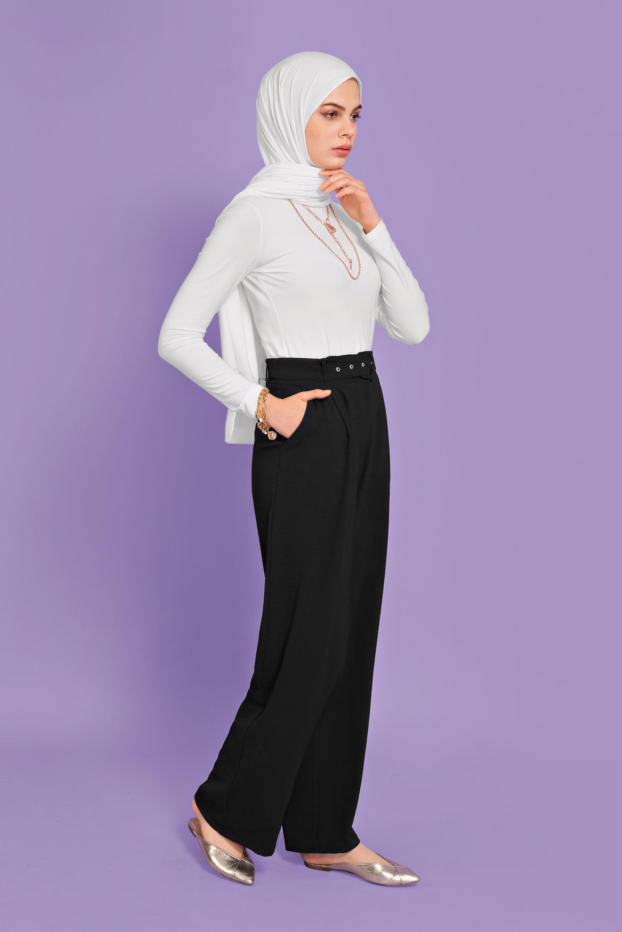 Tesettür giyim SİYAH BELİ KEMERLİ YÜKSEK BEL PANTOLON 70082 