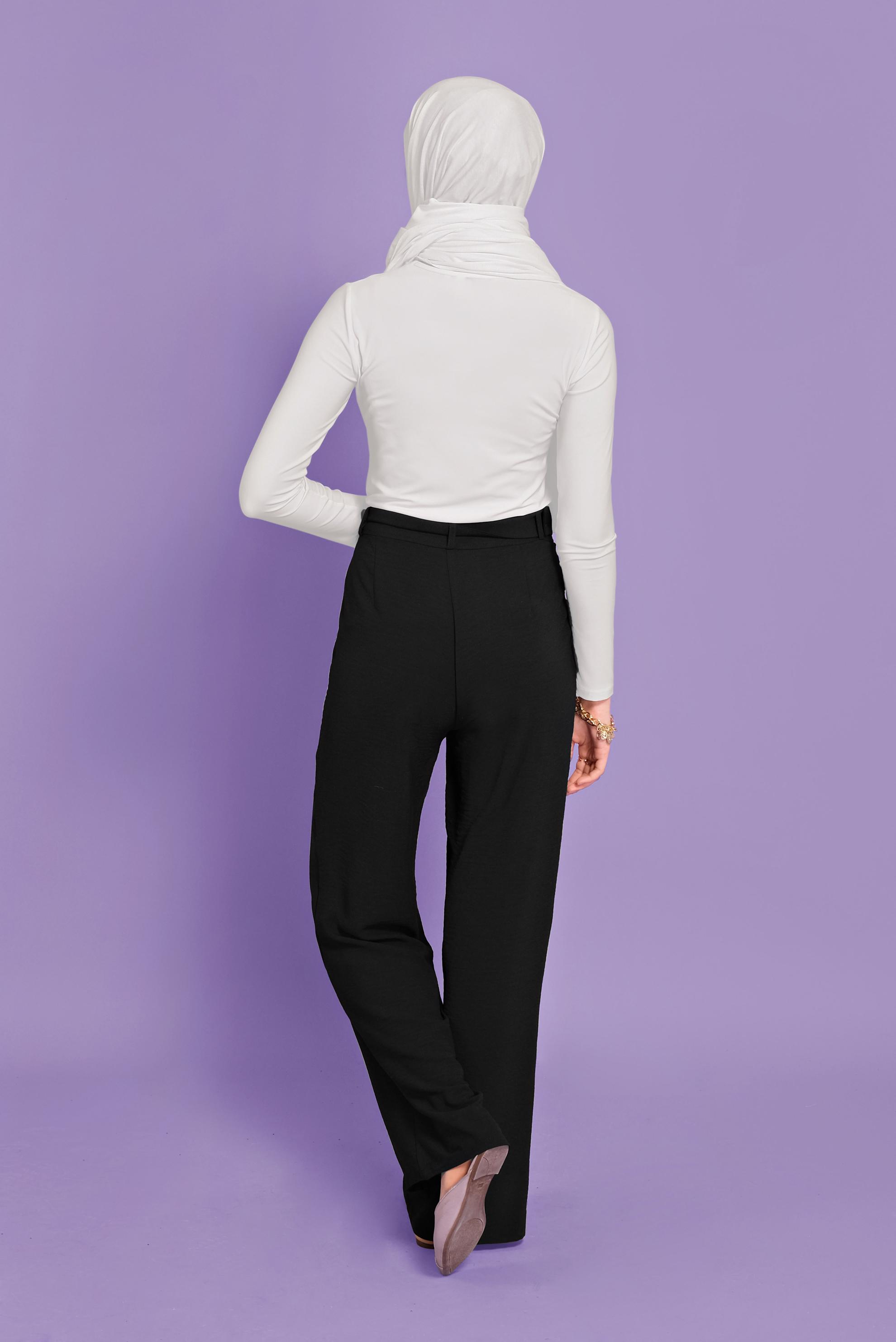 Tesettür giyim SİYAH BELİ KEMERLİ YÜKSEK BEL PANTOLON 70082 