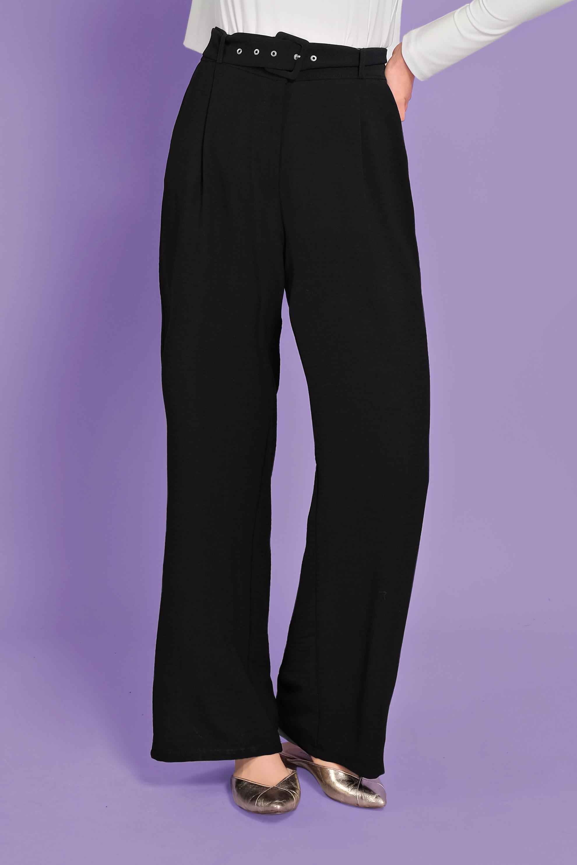 Tesettür giyim SİYAH BELİ KEMERLİ YÜKSEK BEL PANTOLON 70082 