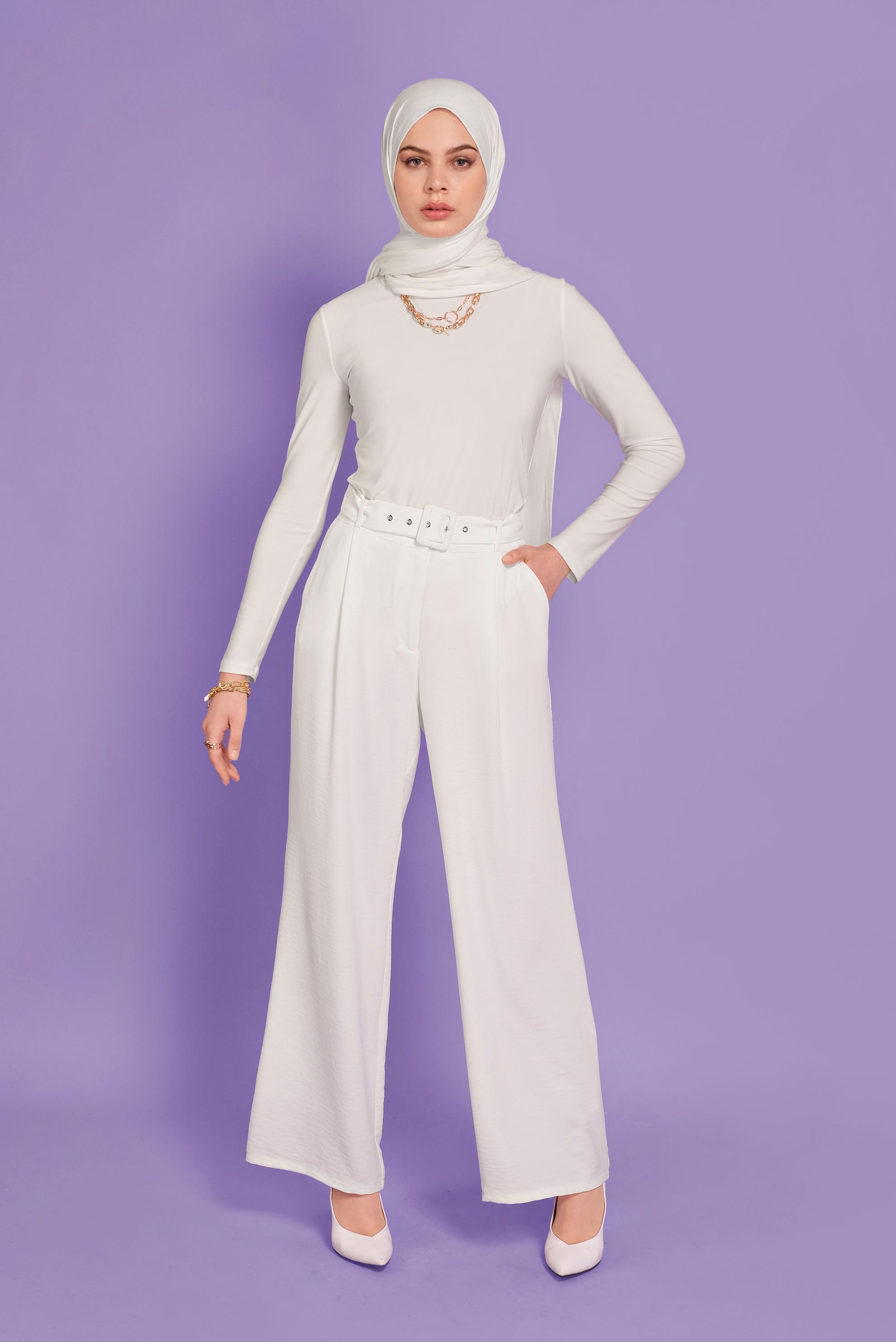 Tesettür giyim BEYAZ BELİ KEMERLİ YÜKSEK BEL PANTOLON 70082 