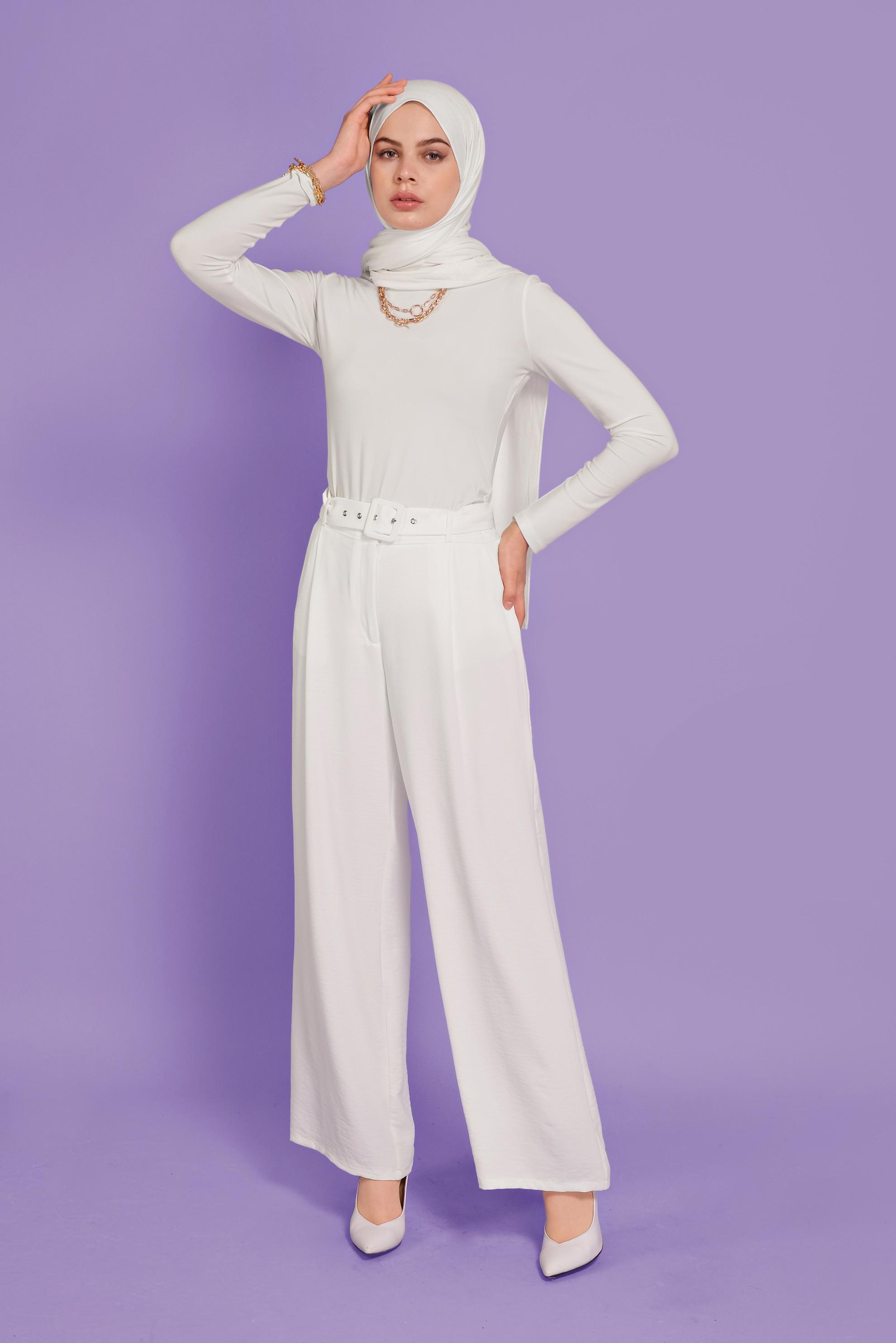 Tesettür giyim BEYAZ BELİ KEMERLİ YÜKSEK BEL PANTOLON 70082 