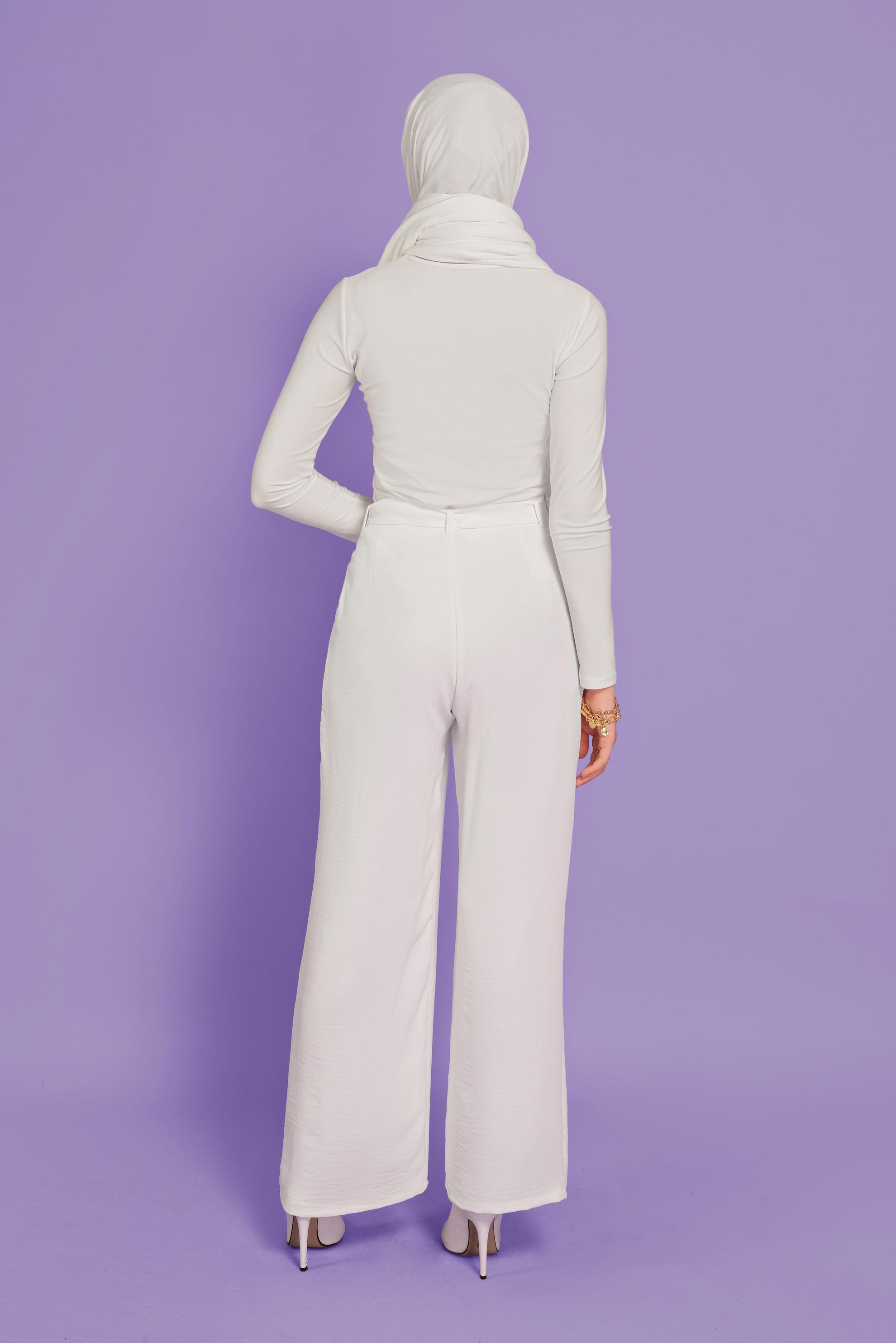 Tesettür giyim BEYAZ BELİ KEMERLİ YÜKSEK BEL PANTOLON 70082 