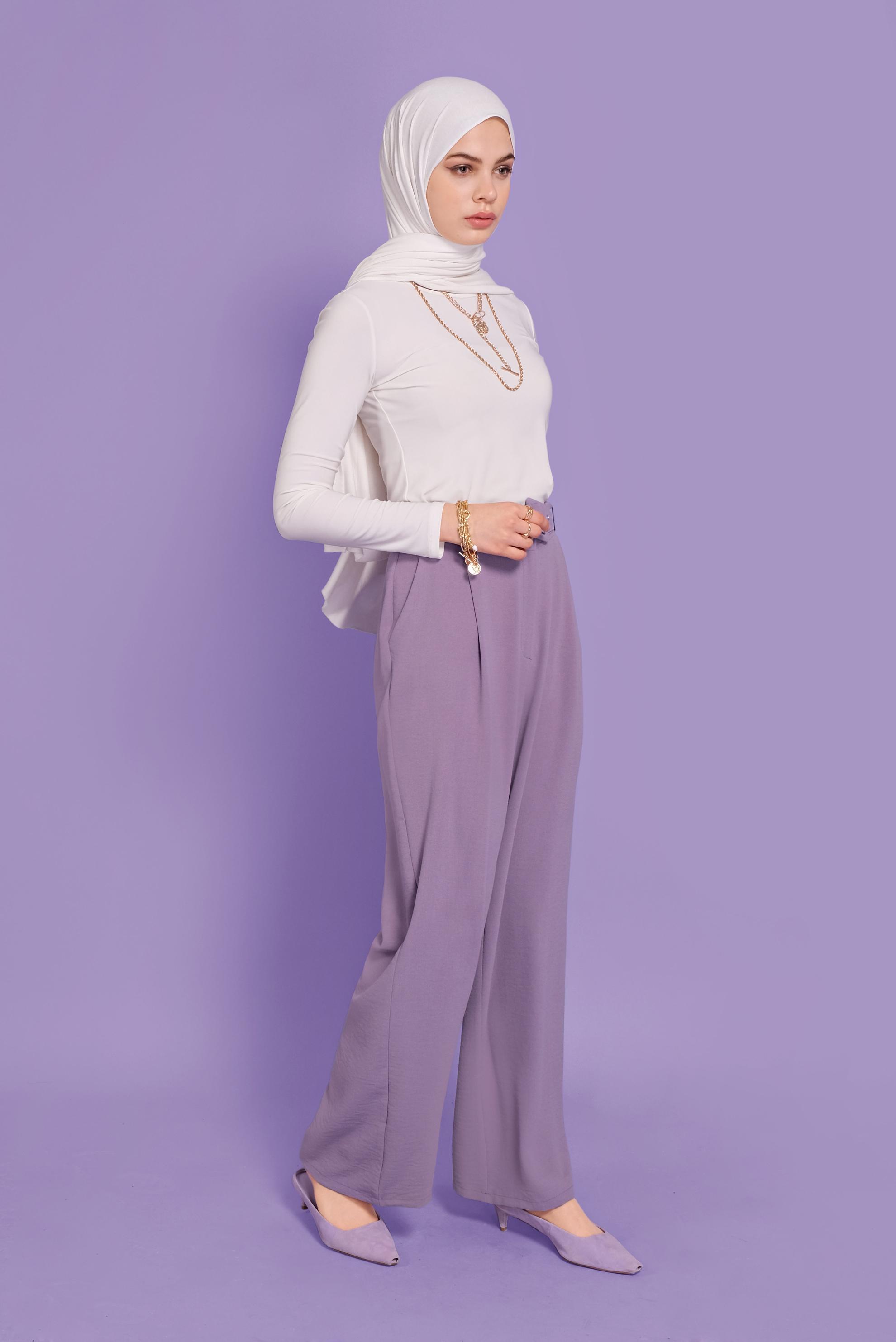 Tesettür giyim MOR BELİ KEMERLİ YÜKSEK BEL PANTOLON 70082 