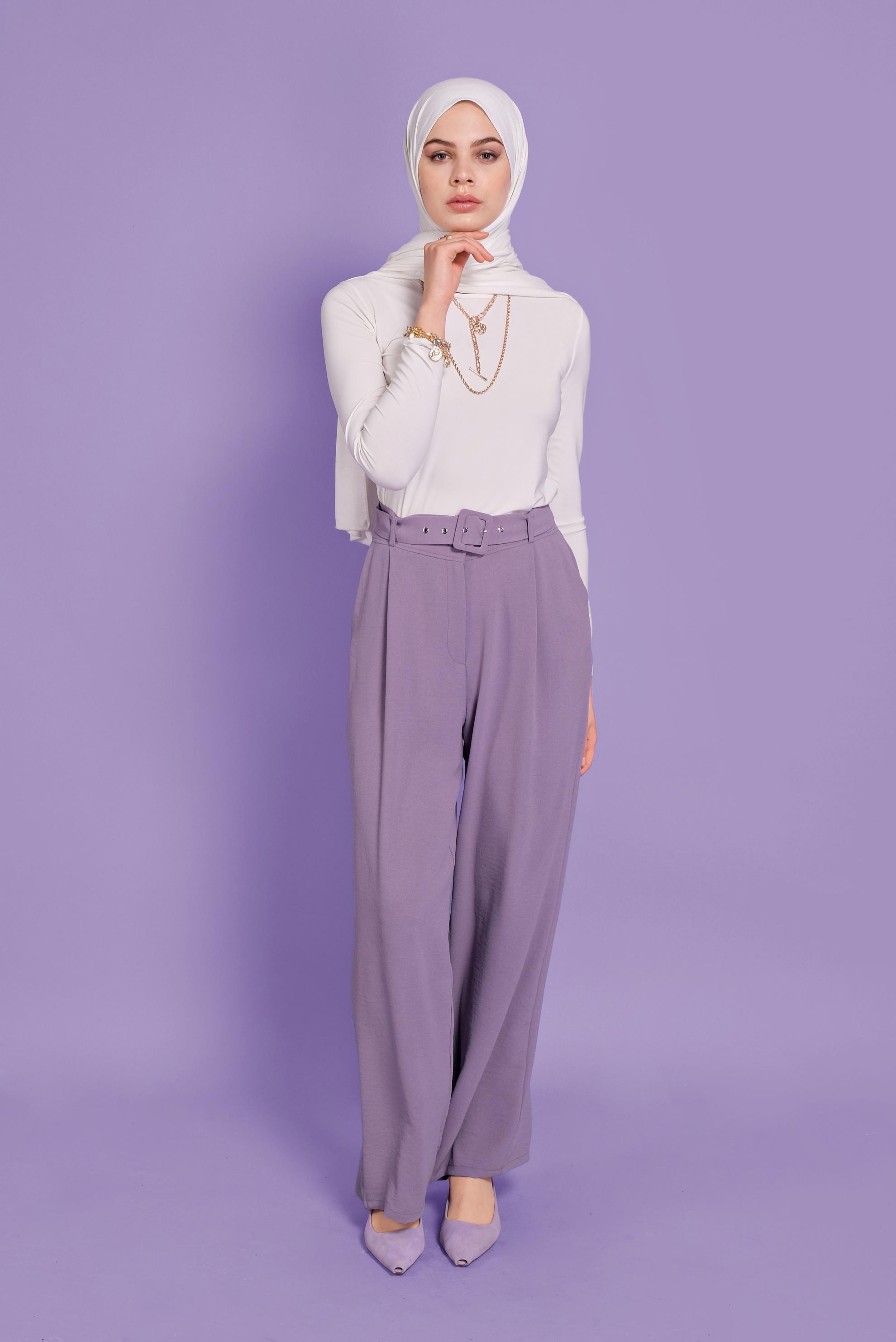 Tesettür giyim MOR BELİ KEMERLİ YÜKSEK BEL PANTOLON 70082 