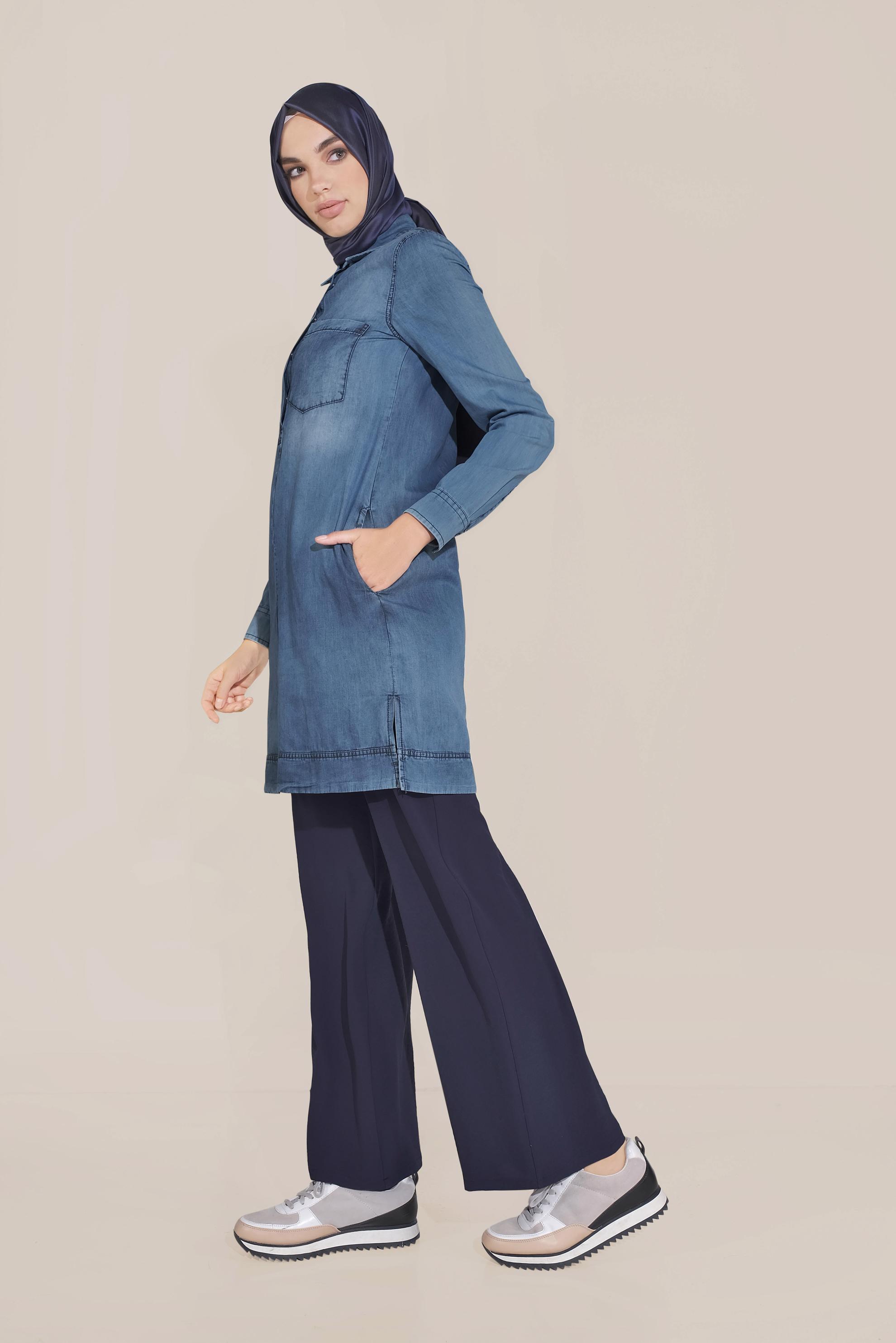 Tesettür giyim LACİVERT BELİ KEMERLİ YÜKSEK BEL PANTOLON 70082 