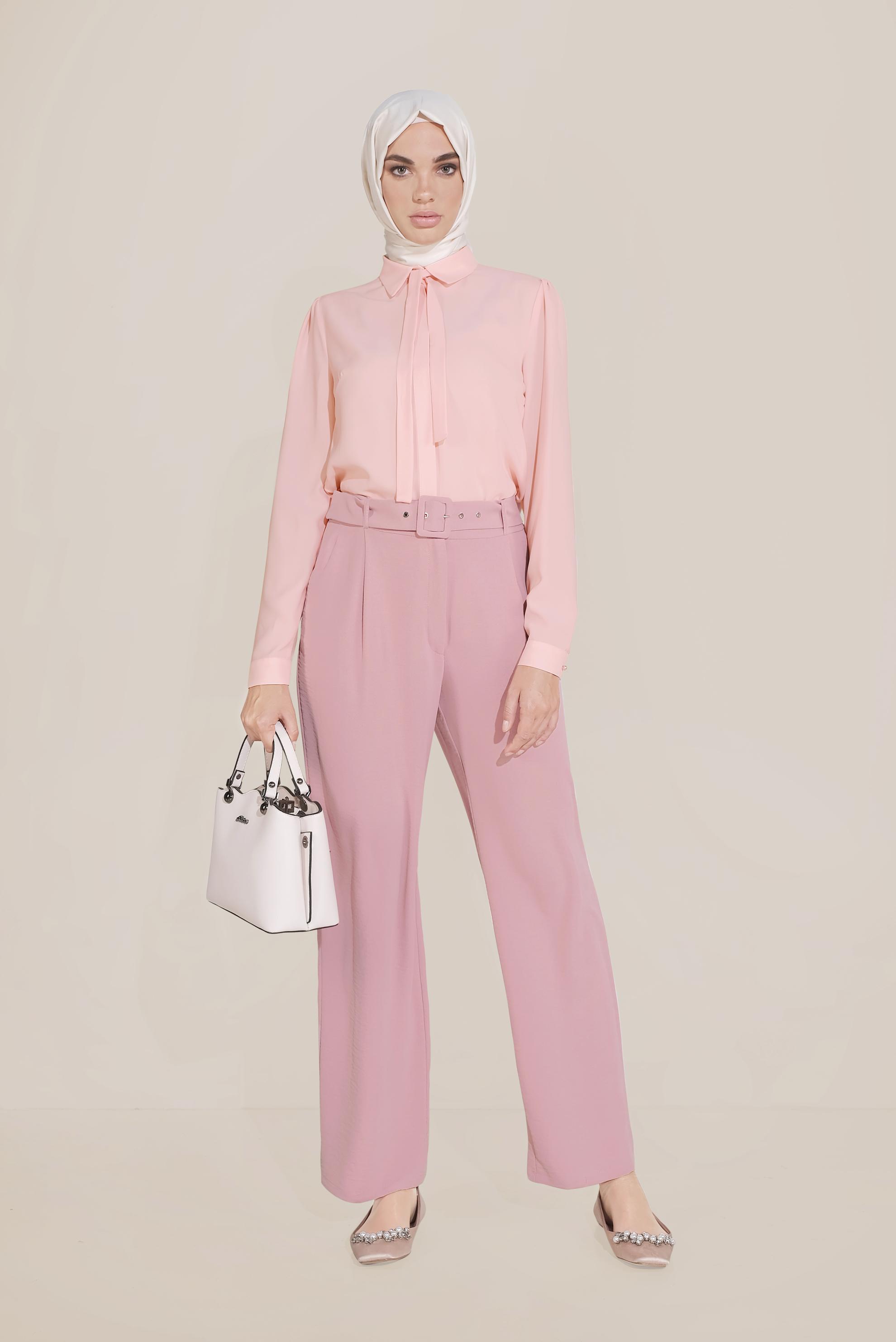 Tesettür giyim PUDRA BELİ KEMERLİ YÜKSEK BEL PANTOLON 70082 