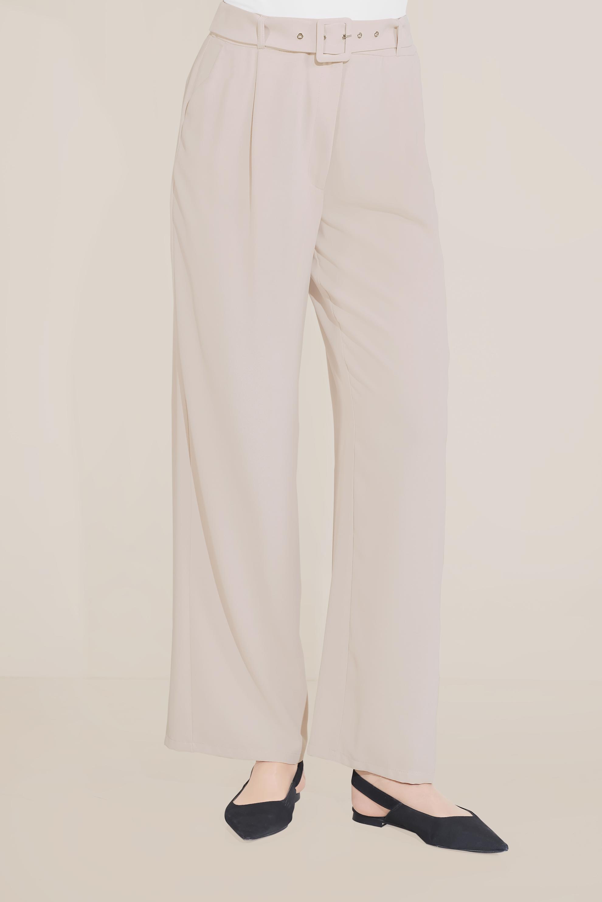 Tesettür giyim BEJ BELİ KEMERLİ YÜKSEK BEL PANTOLON 70082 