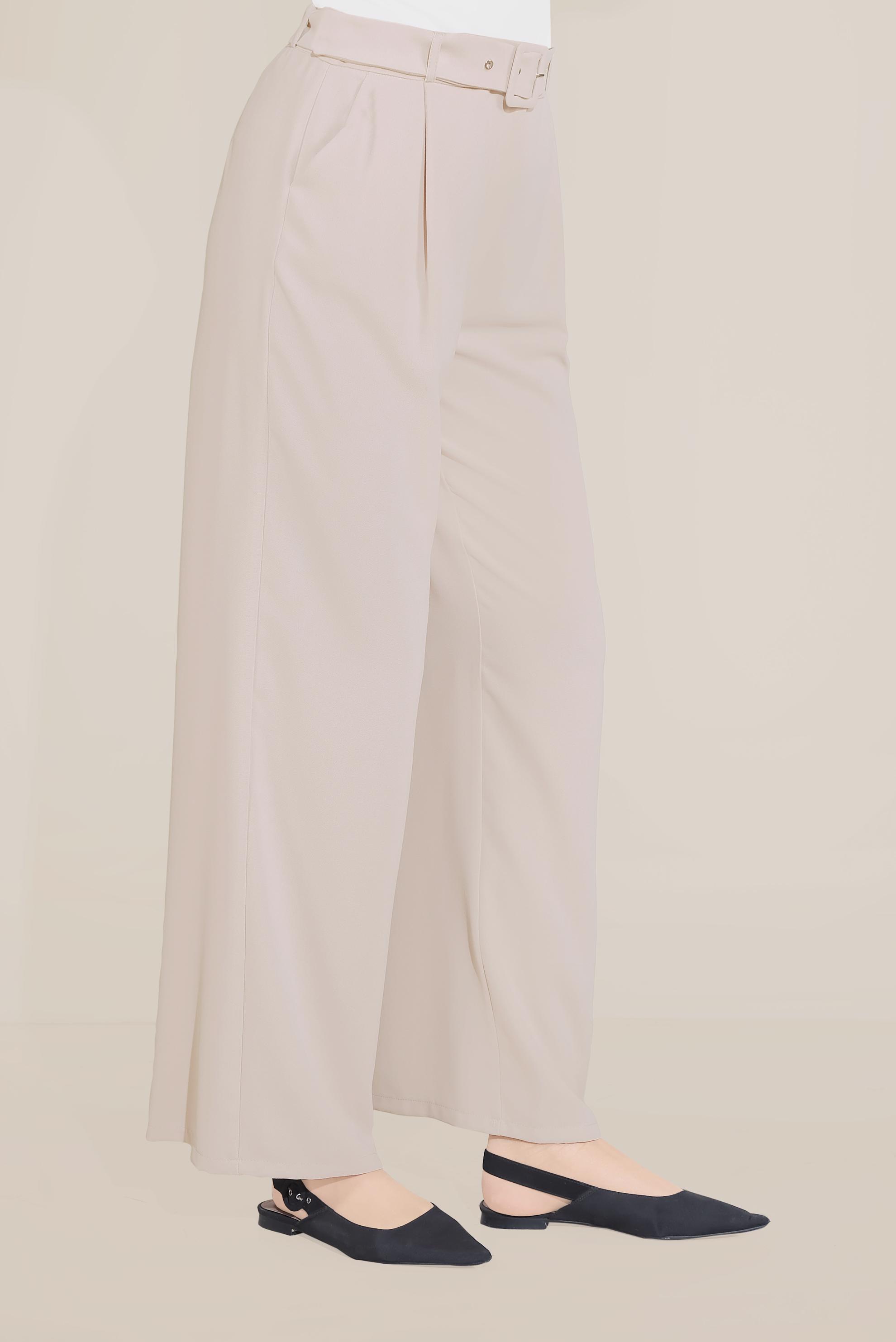 Tesettür giyim BEJ BELİ KEMERLİ YÜKSEK BEL PANTOLON 70082 