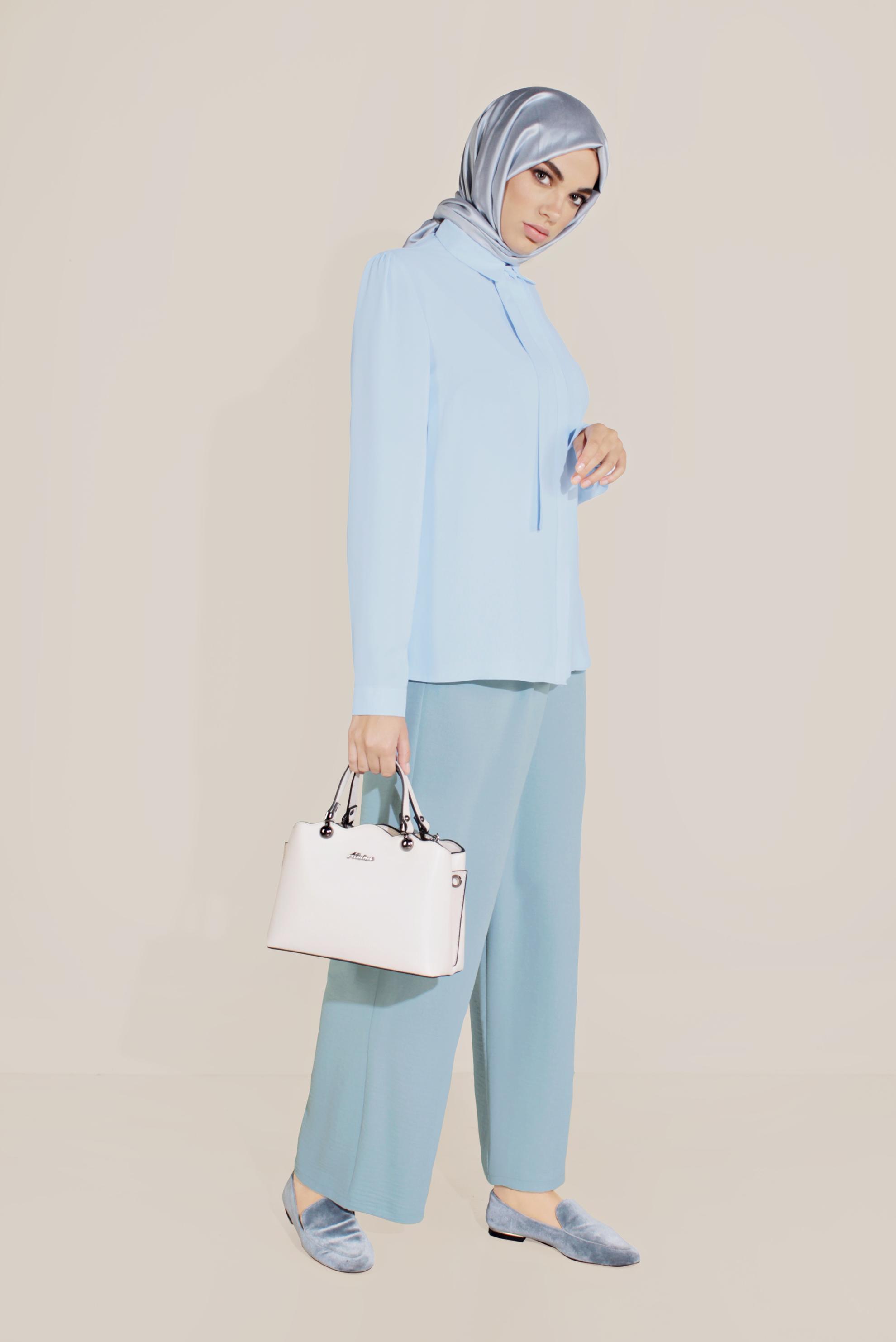 Tesettür giyim MAVİ BELİ KEMERLİ YÜKSEK BEL PANTOLON 70082 