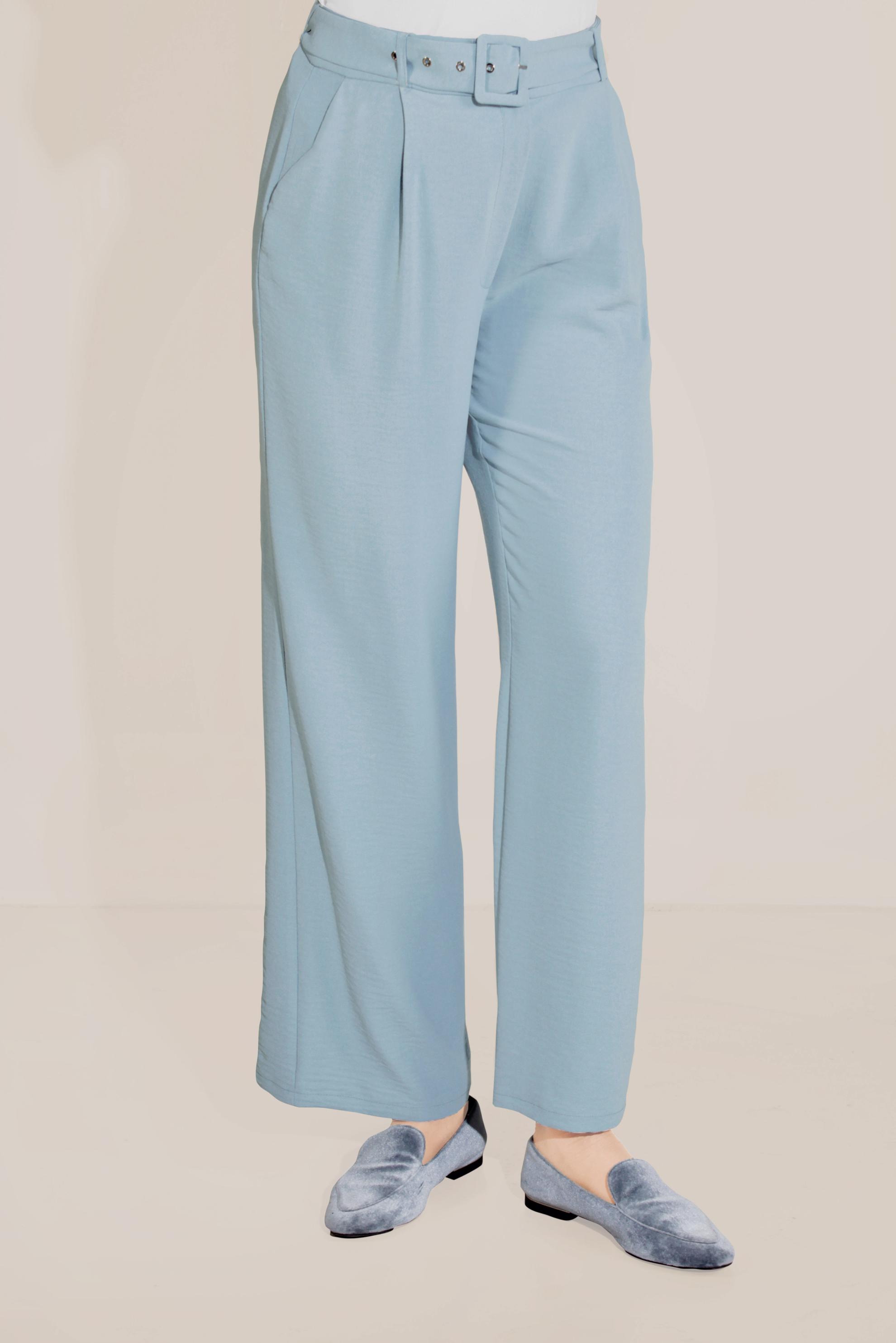 Tesettür giyim MAVİ BELİ KEMERLİ YÜKSEK BEL PANTOLON 70082 