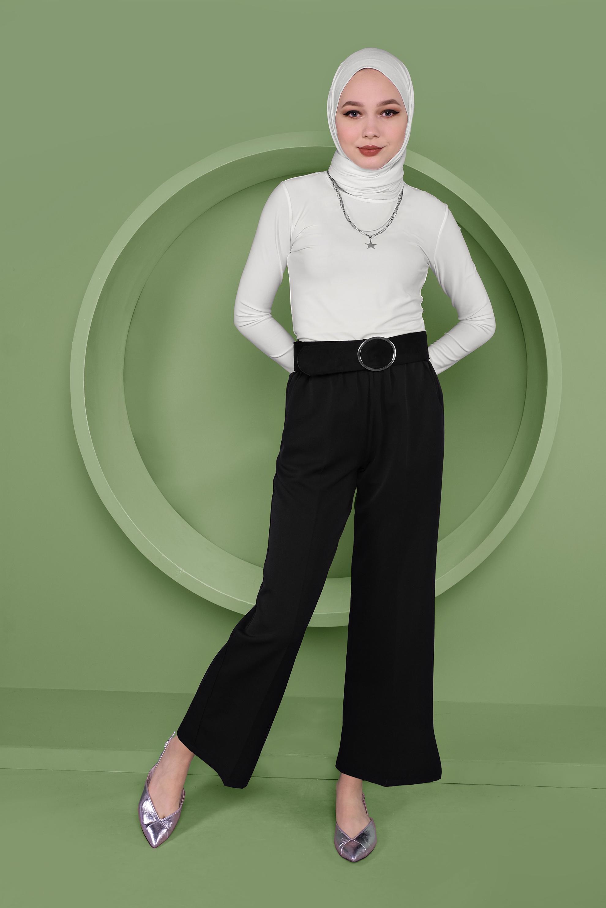 Tesettür giyim SİYAH BEL KISMI LASTİKLİ PANTOLON 70161