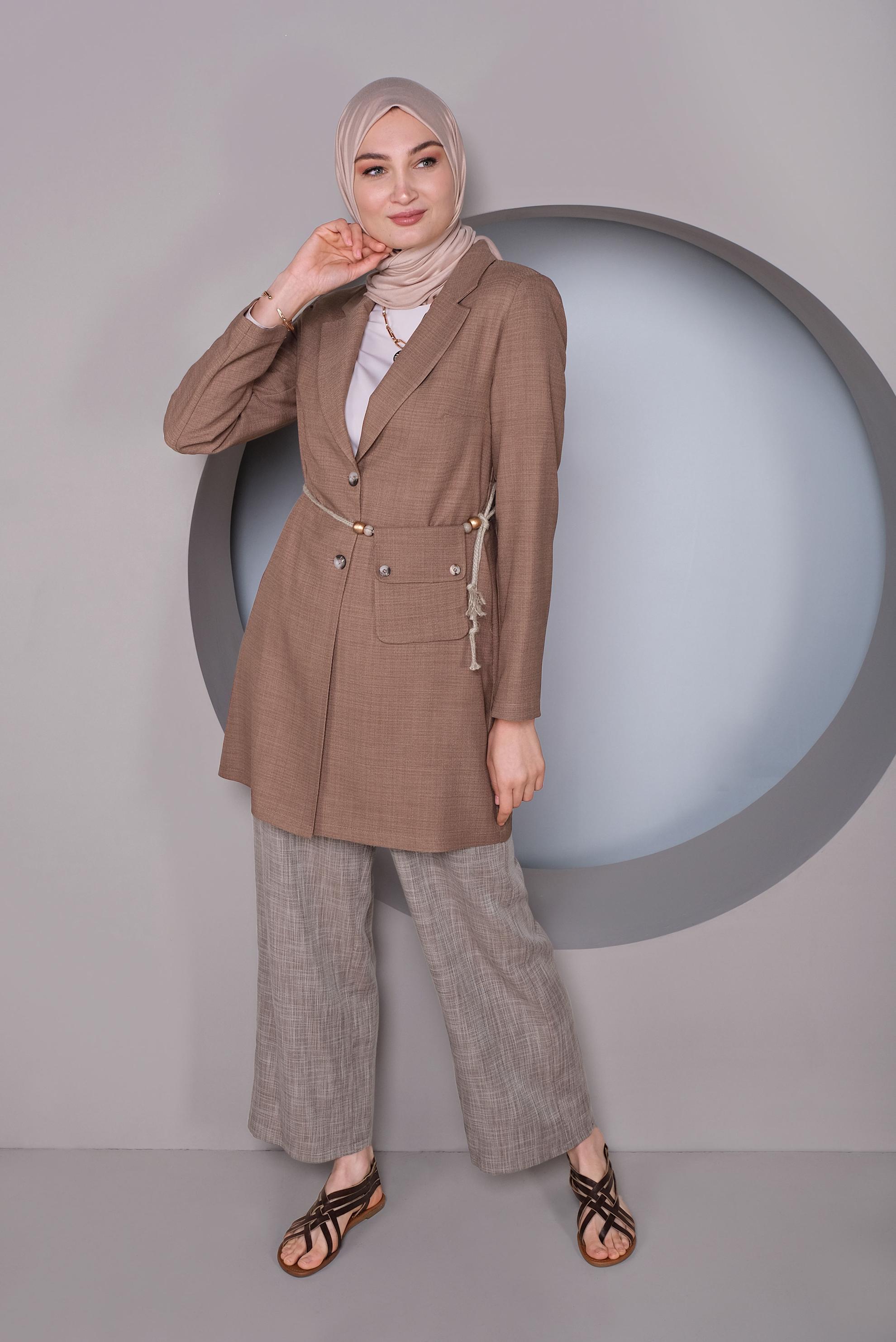 Tesettür giyim KAHVE CEPLİ KETEN GÖRÜNÜMLÜ PANTOLON 70162