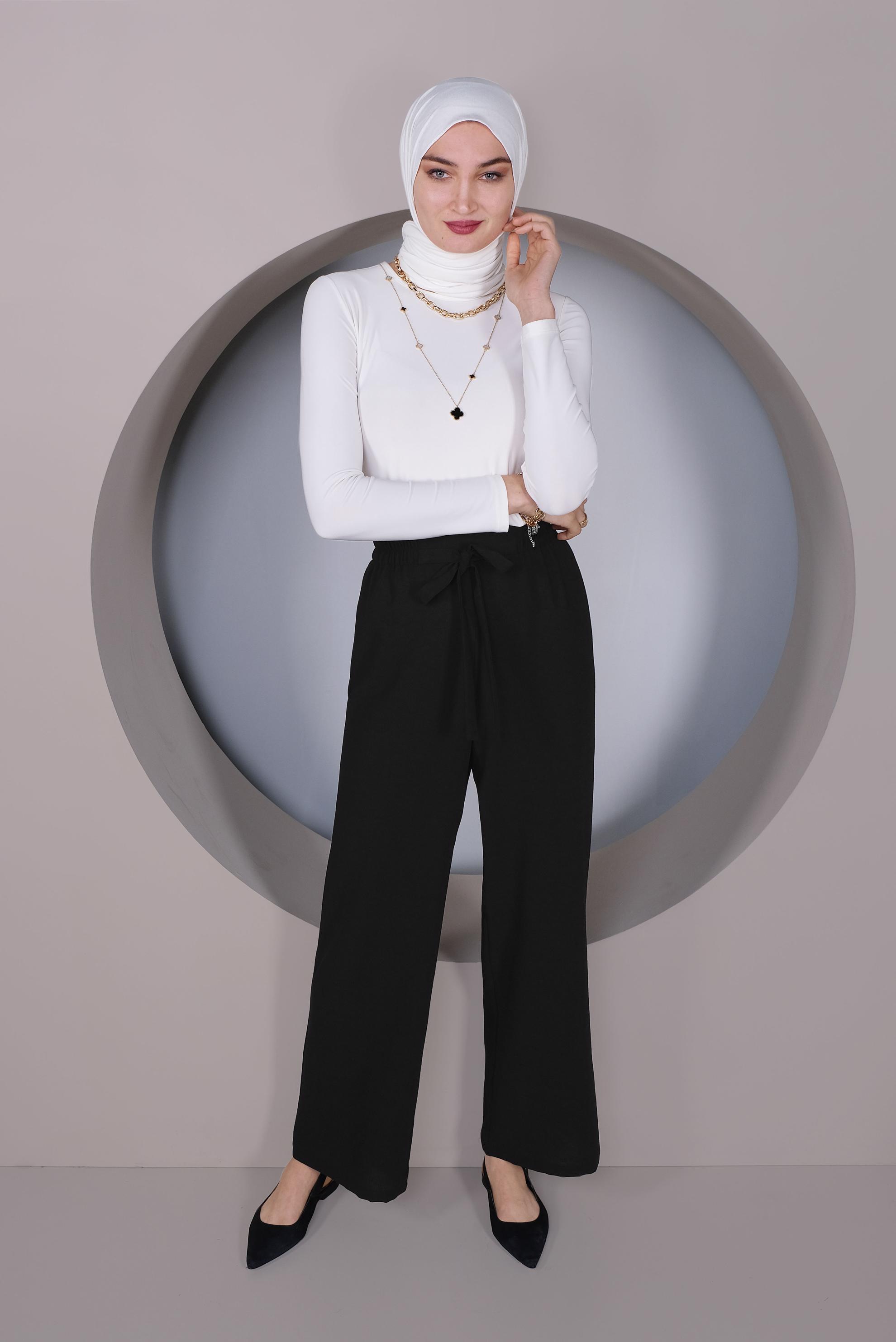 Tesettür giyim SİYAH BEL KISMI BÜZGÜ BAĞCIKLI SALAŞ PANTOLON 70163