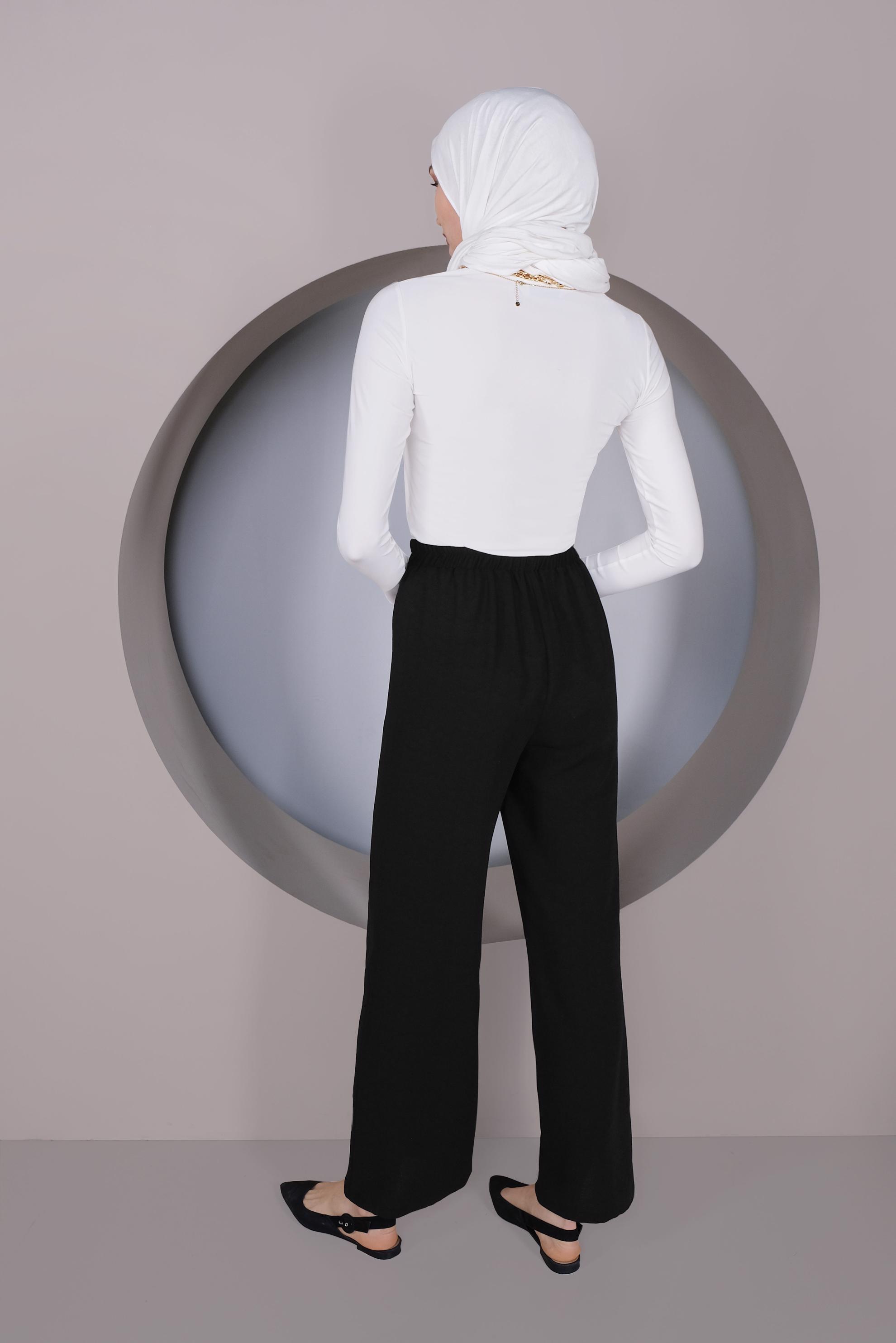 Tesettür giyim SİYAH BEL KISMI BÜZGÜ BAĞCIKLI SALAŞ PANTOLON 70163