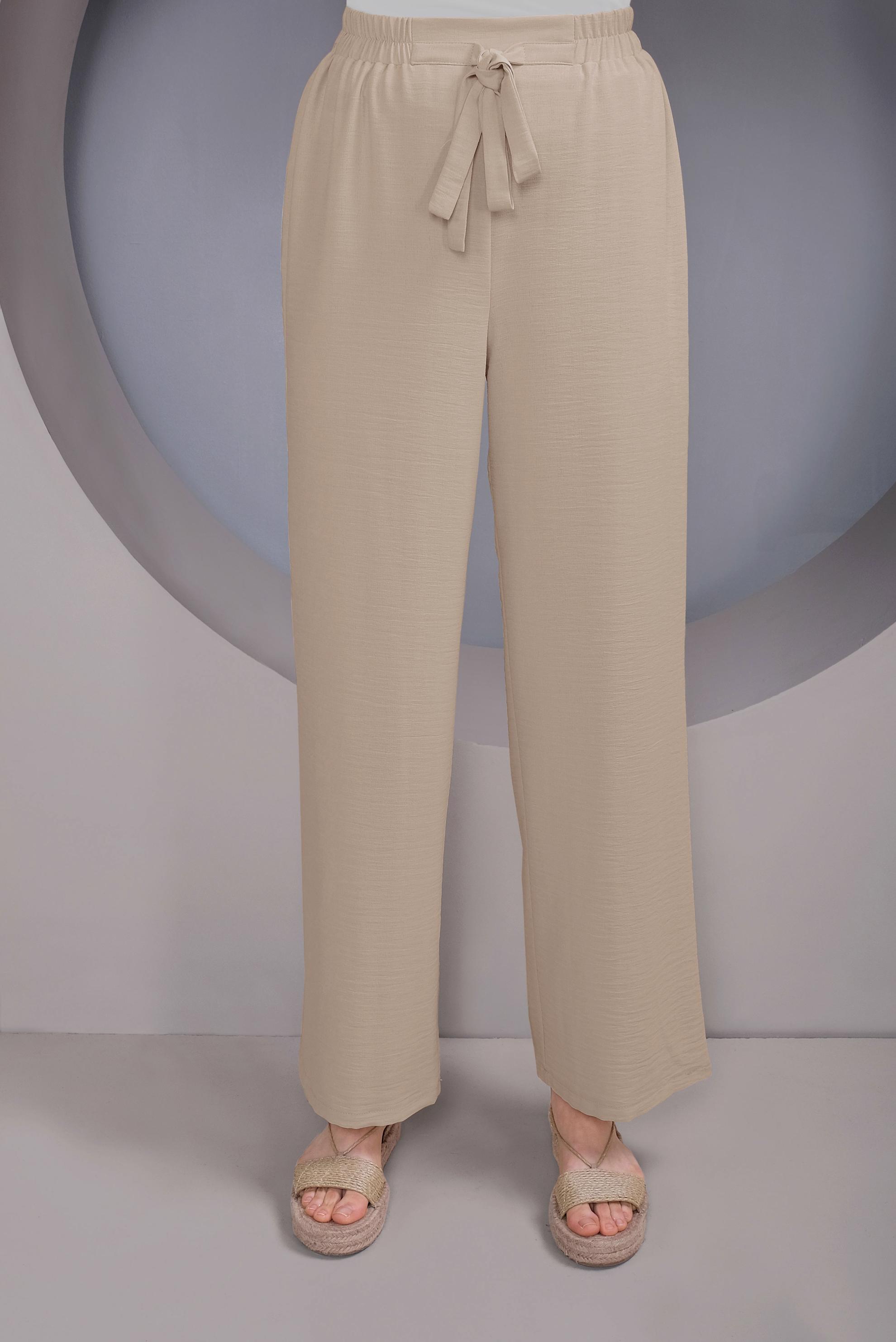 Tesettür giyim BEJ BEL KISMI BÜZGÜ BAĞCIKLI SALAŞ PANTOLON 70163