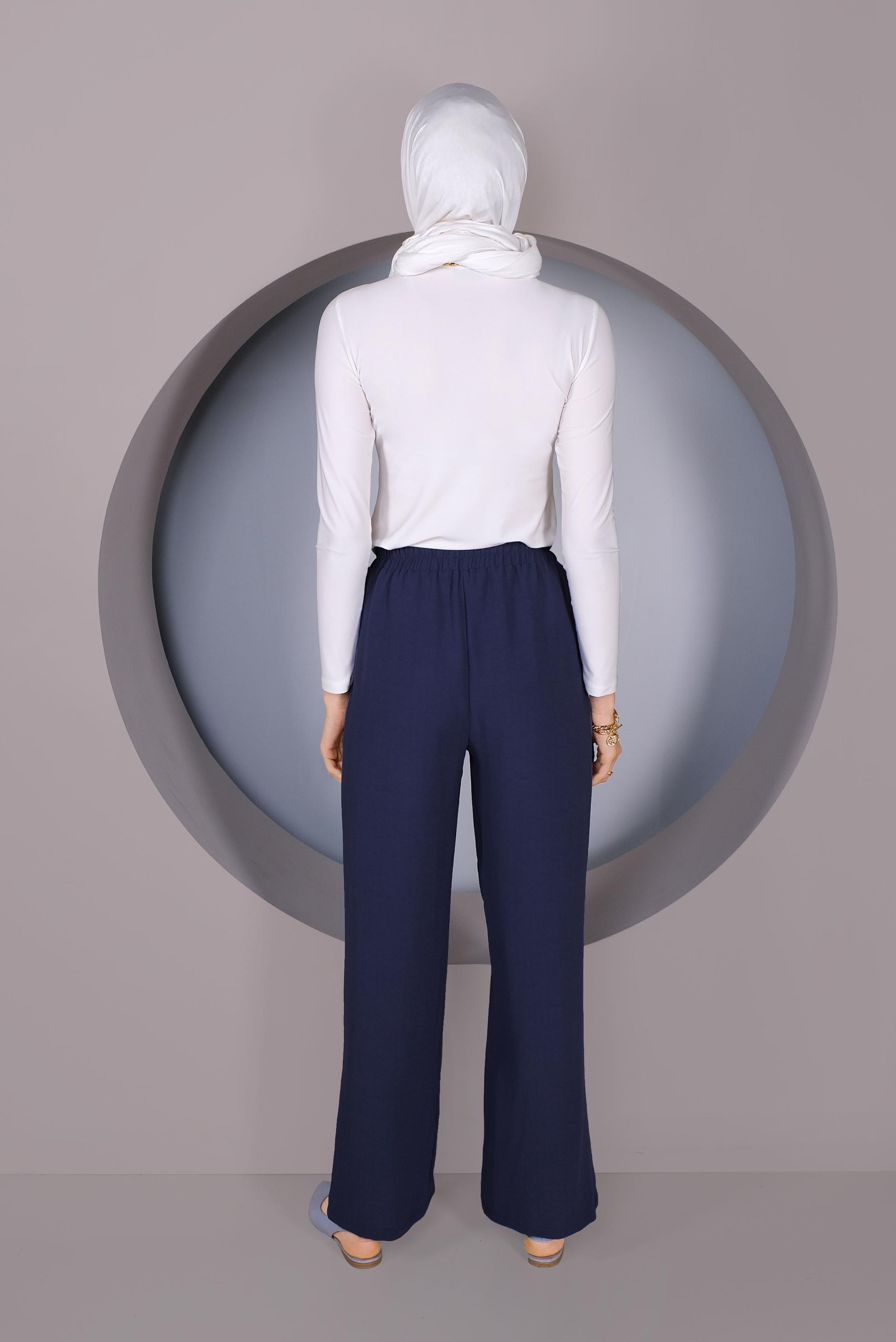 Tesettür giyim LACİVERT BEL KISMI BÜZGÜ BAĞCIKLI SALAŞ PANTOLON 70163