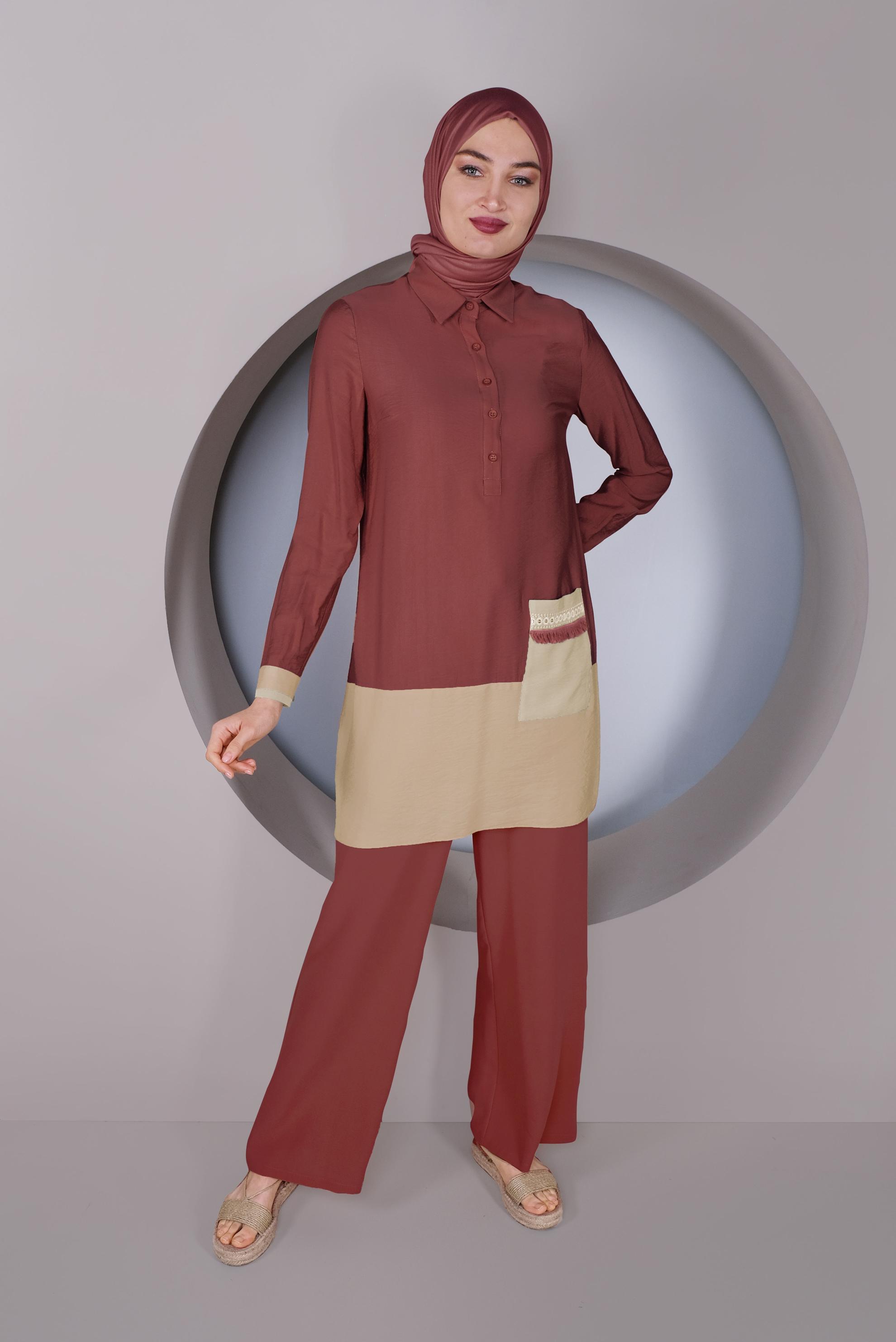 Tesettür giyim BORDO BEL KISMI BÜZGÜ BAĞCIKLI SALAŞ PANTOLON 70163