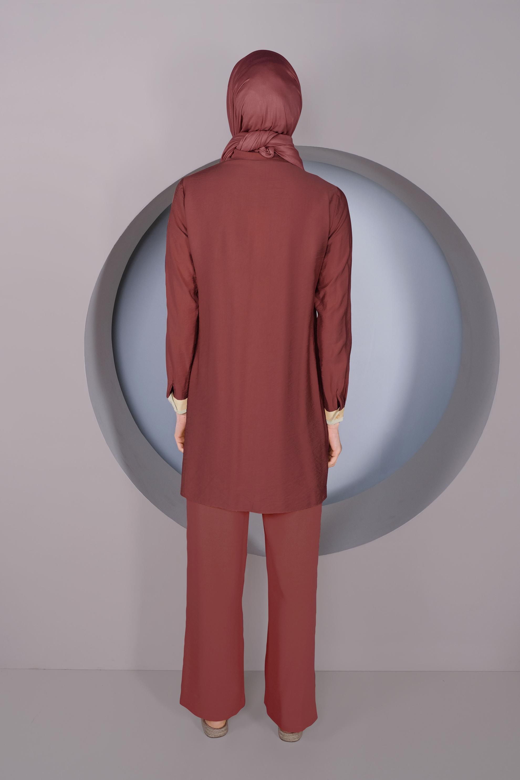 Tesettür giyim BORDO BEL KISMI BÜZGÜ BAĞCIKLI SALAŞ PANTOLON 70163