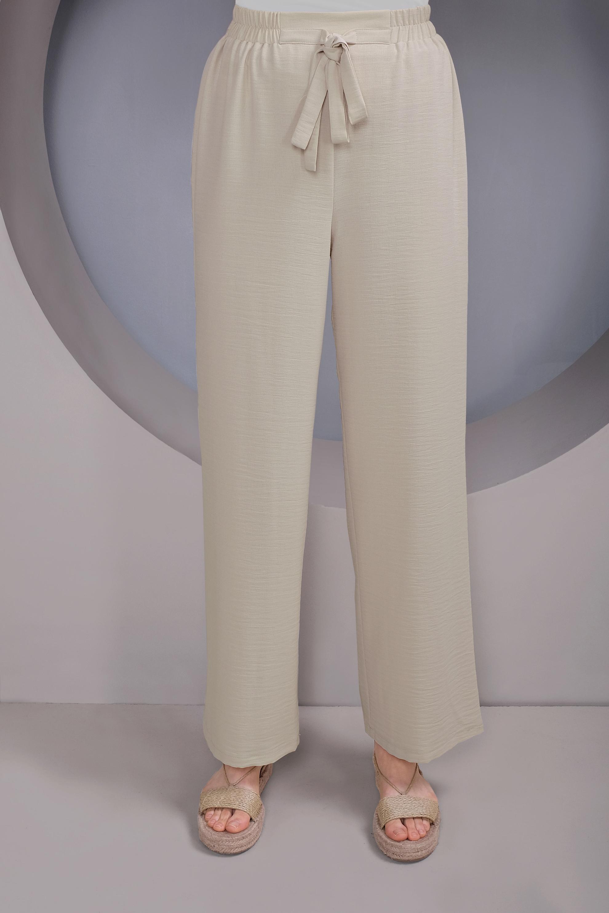 Tesettür giyim BEJ BEL KISMI BÜZGÜ BAĞCIKLI SALAŞ PANTOLON 70163