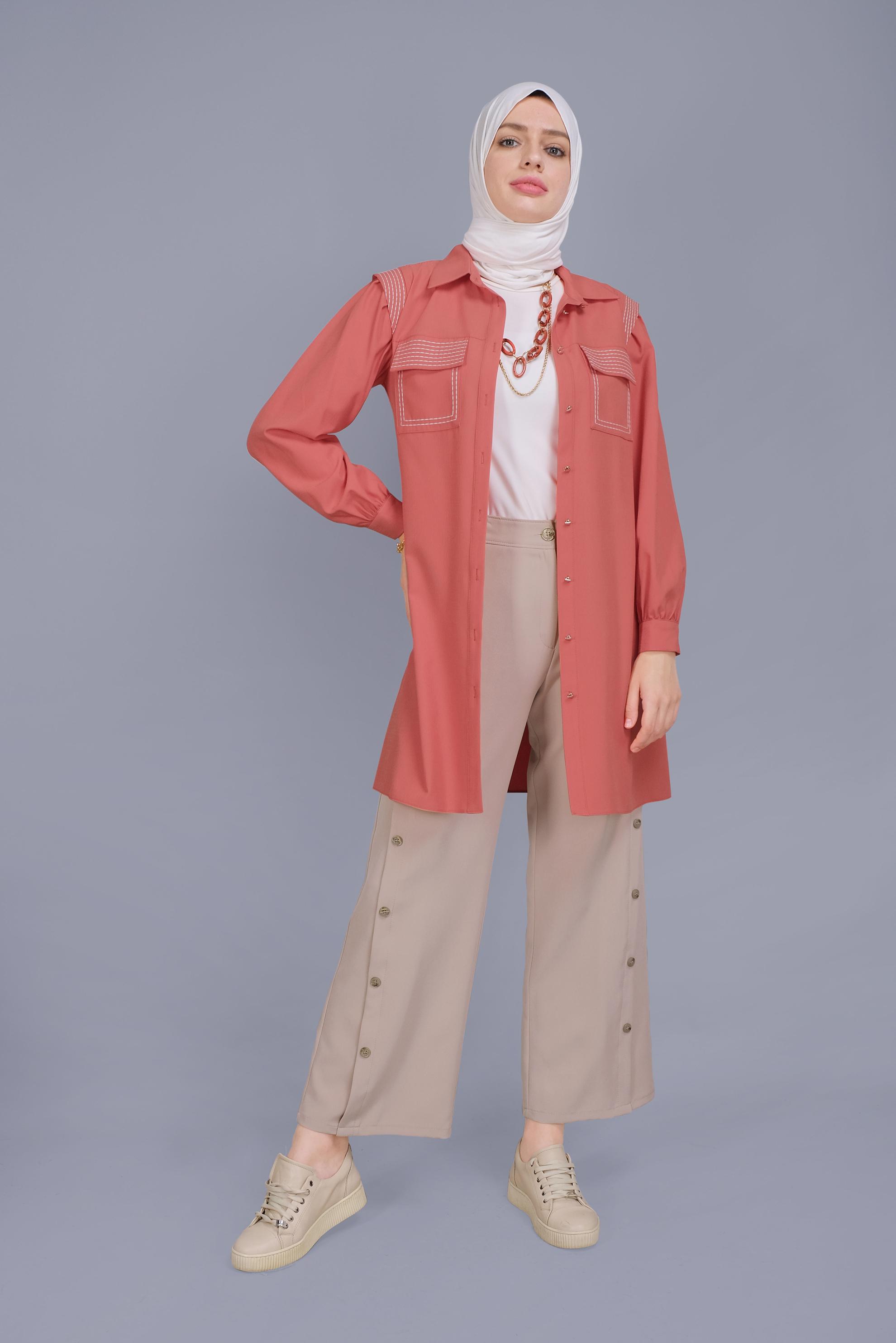 Hijab clothing BEIGE BUTTON DETAILED TROUSERS 70167 