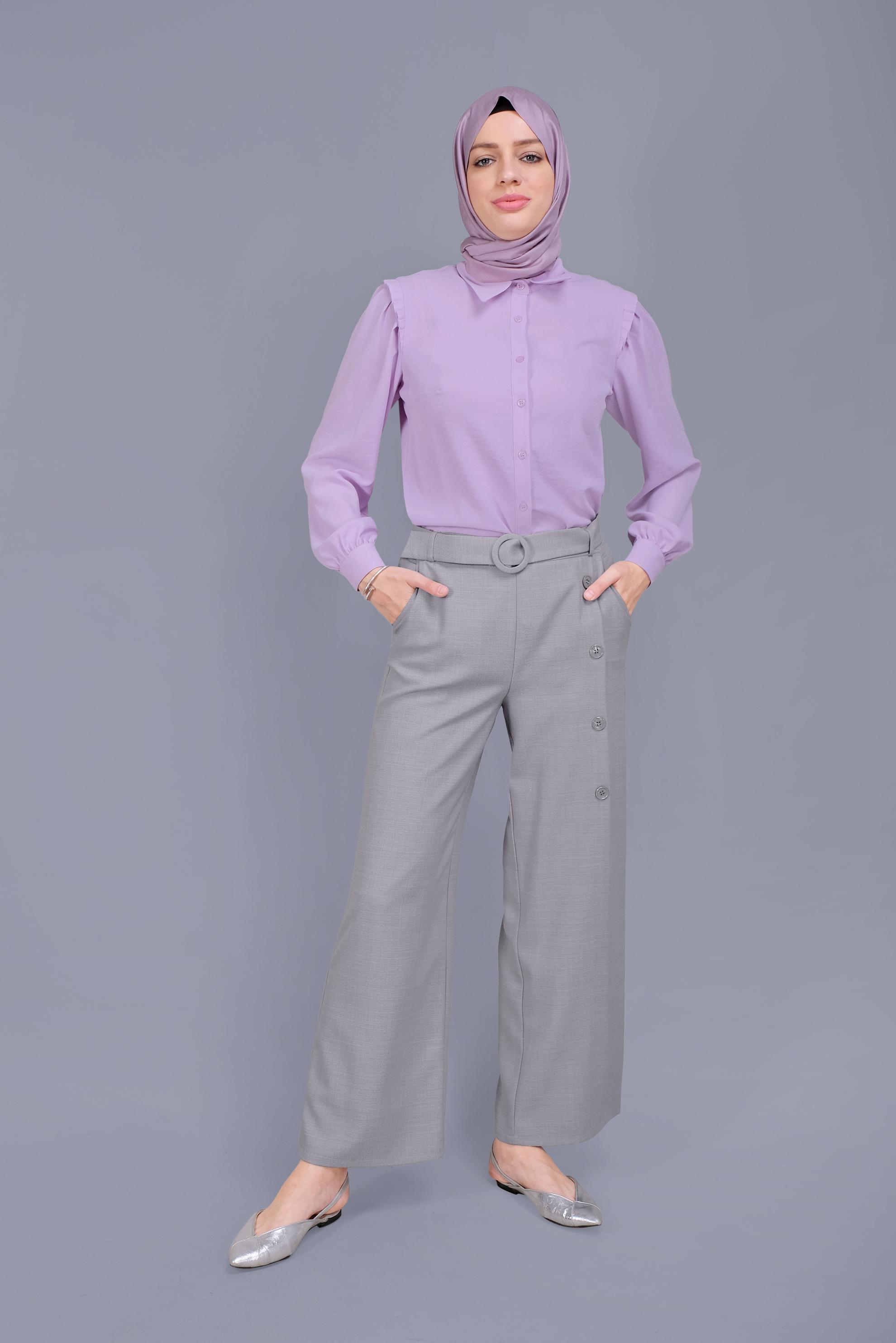 Tesettür giyim GRİ DÜĞME DETAYLI PANTOLON 70168 