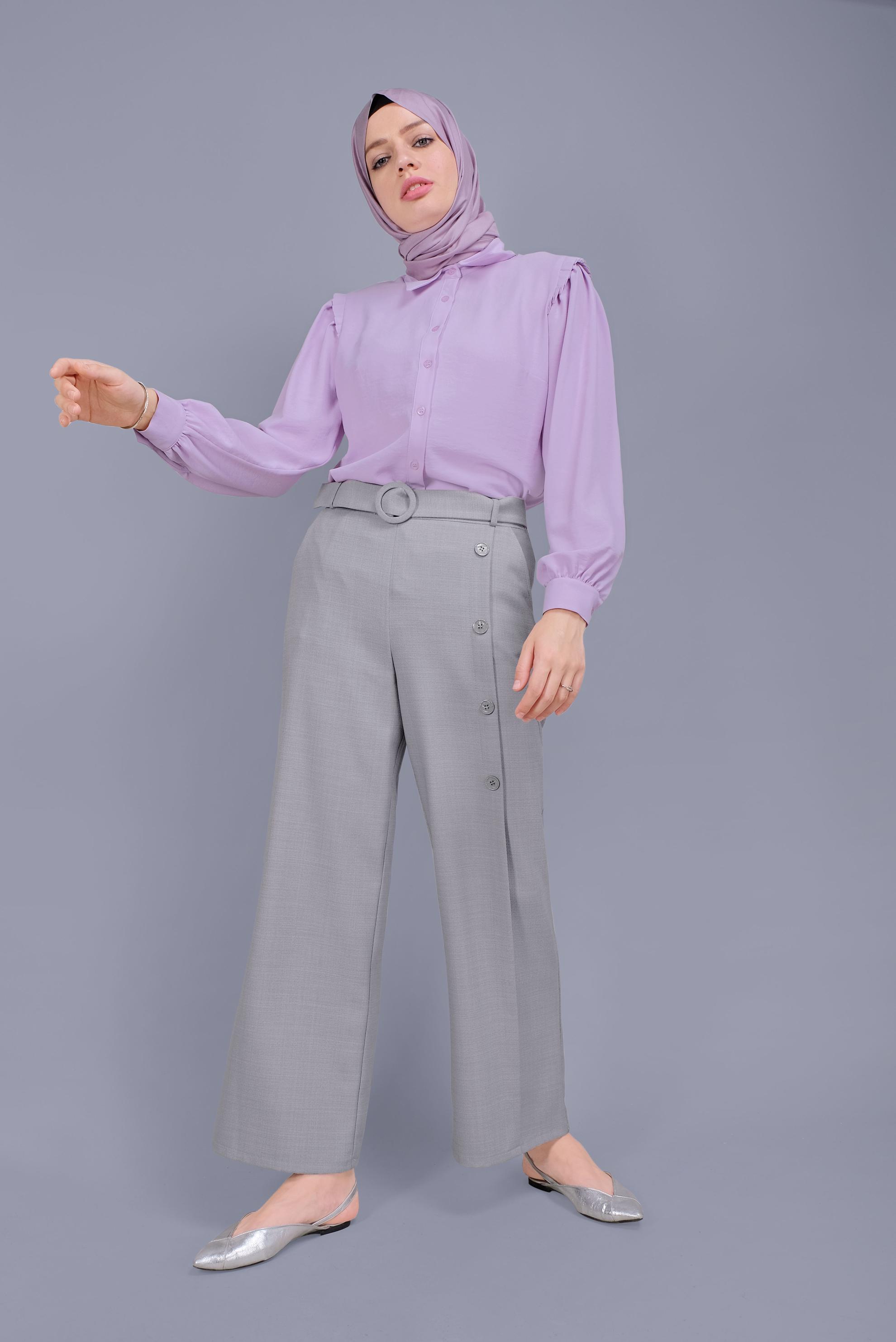 Tesettür giyim GRİ DÜĞME DETAYLI PANTOLON 70168 