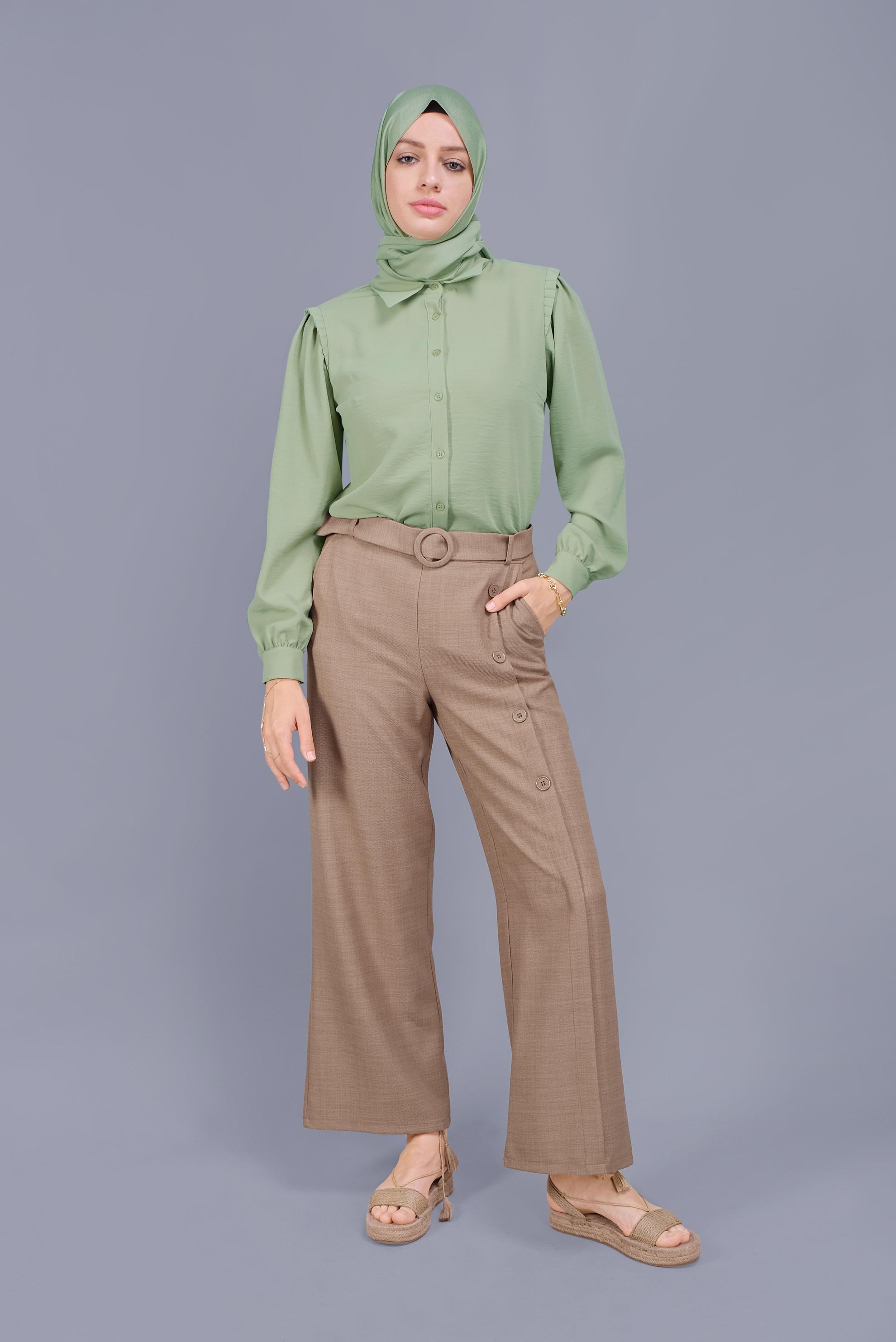 Tesettür giyim KAHVE DÜĞME DETAYLI PANTOLON 70168 
