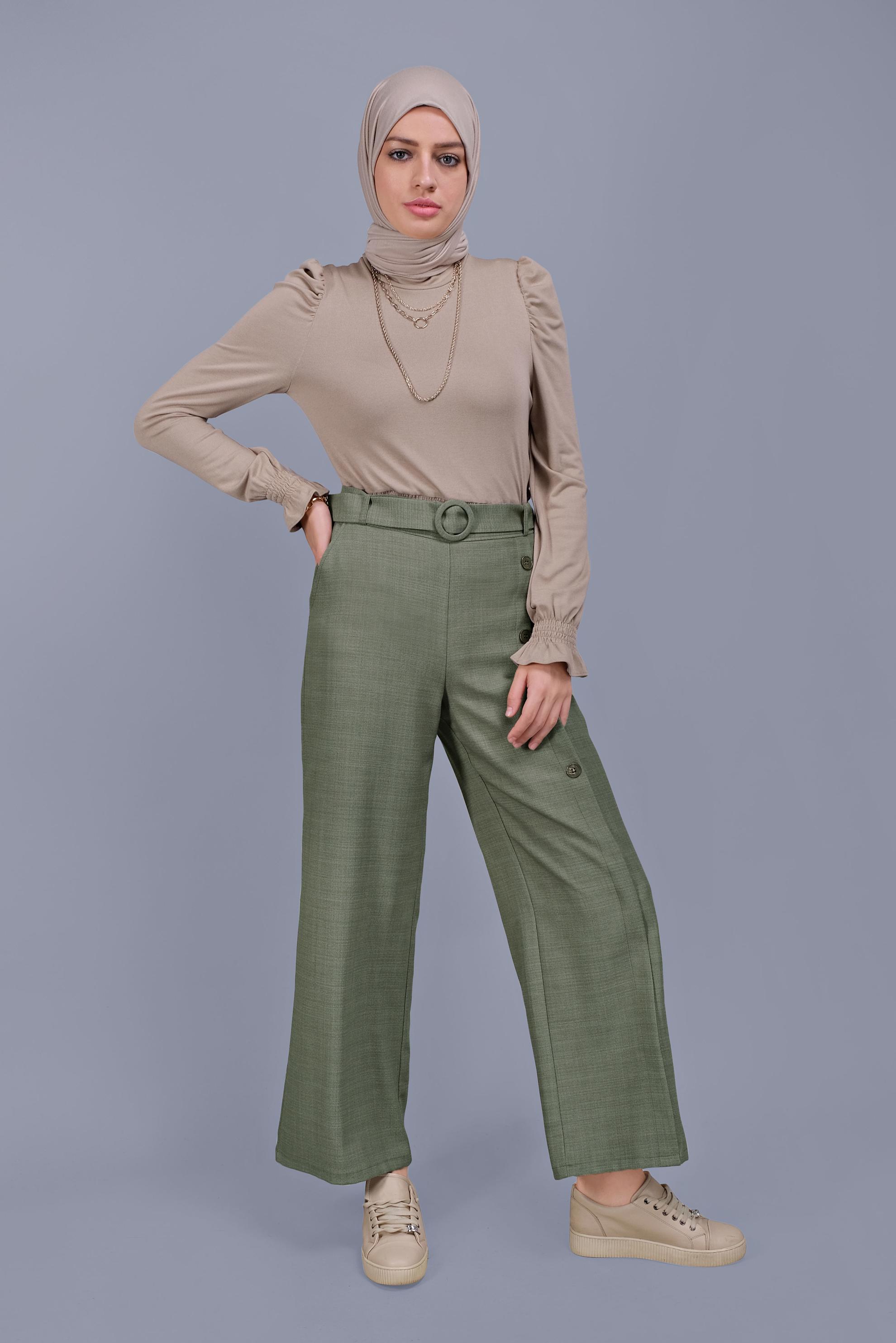 Tesettür giyim YEŞİL DÜĞME DETAYLI PANTOLON 70168 