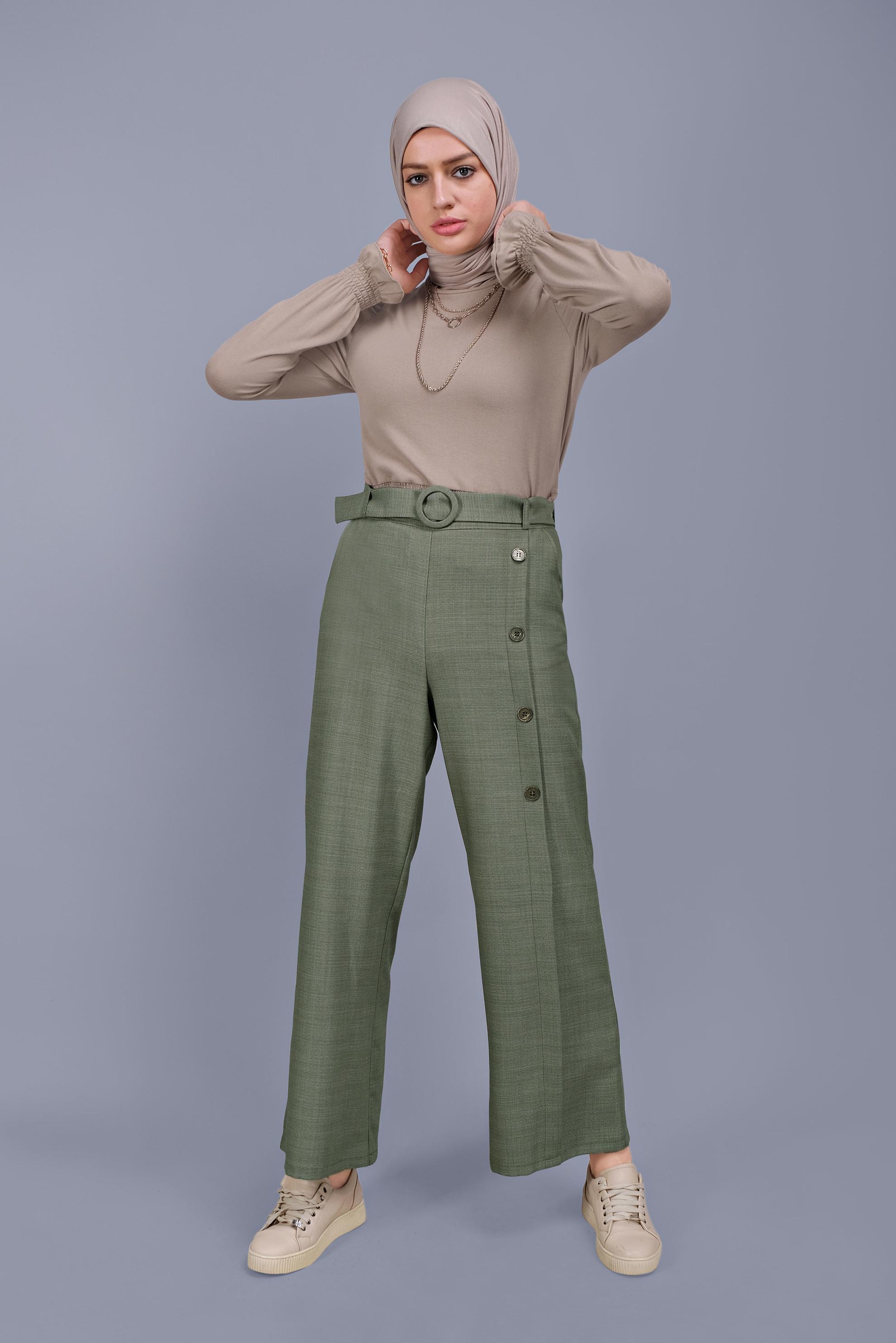Tesettür giyim YEŞİL DÜĞME DETAYLI PANTOLON 70168 