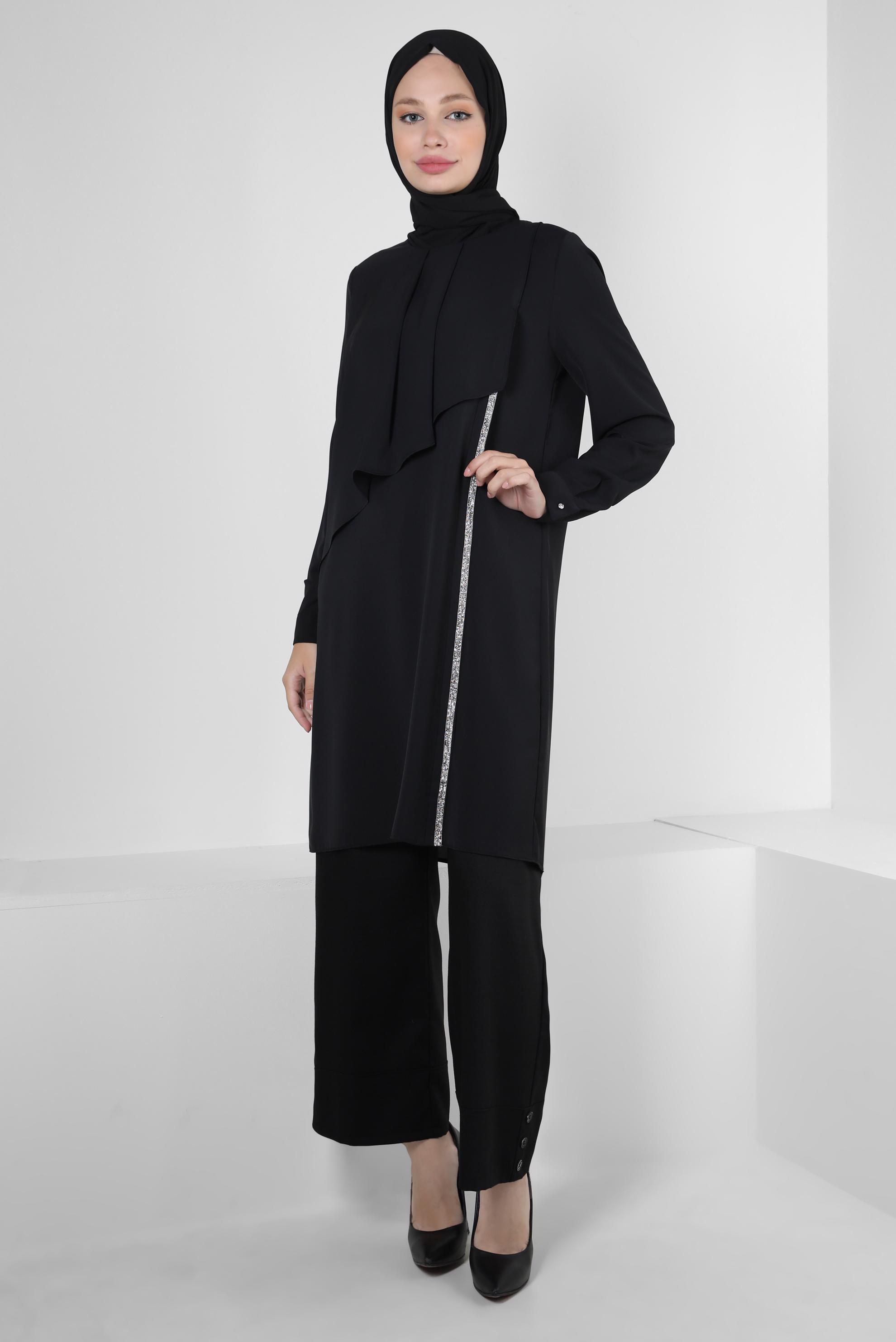 Tesettür giyim SİYAH DÜĞME DETAYLI GENİŞ PAÇA PANTOLON 70177