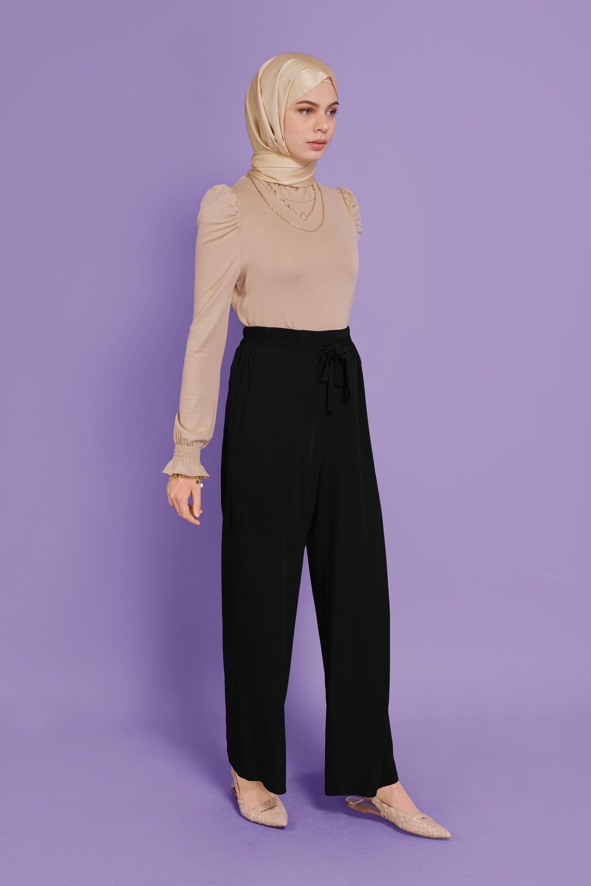 Tesettür giyim SİYAH BELİ LASTİKLİ FİYONK DETAYLI PANTOLON 70181	