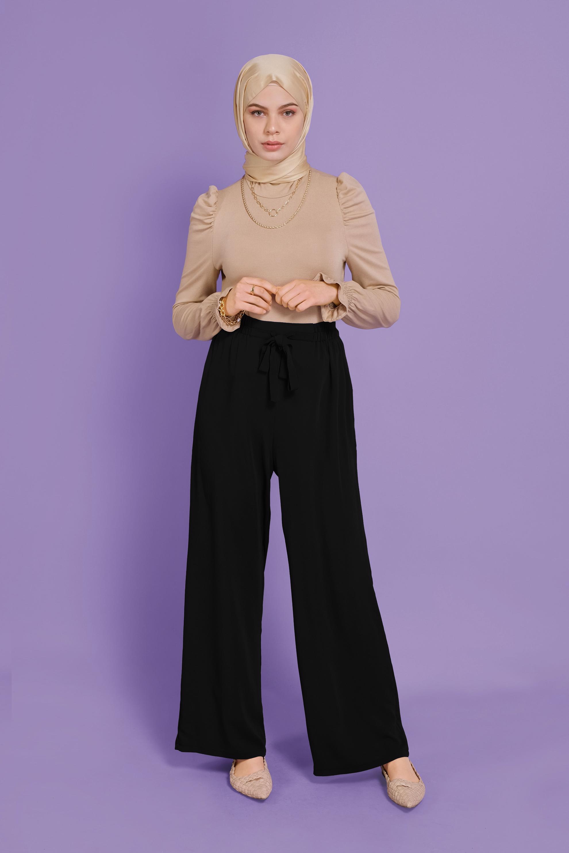 Tesettür giyim SİYAH BELİ LASTİKLİ FİYONK DETAYLI PANTOLON 70181	