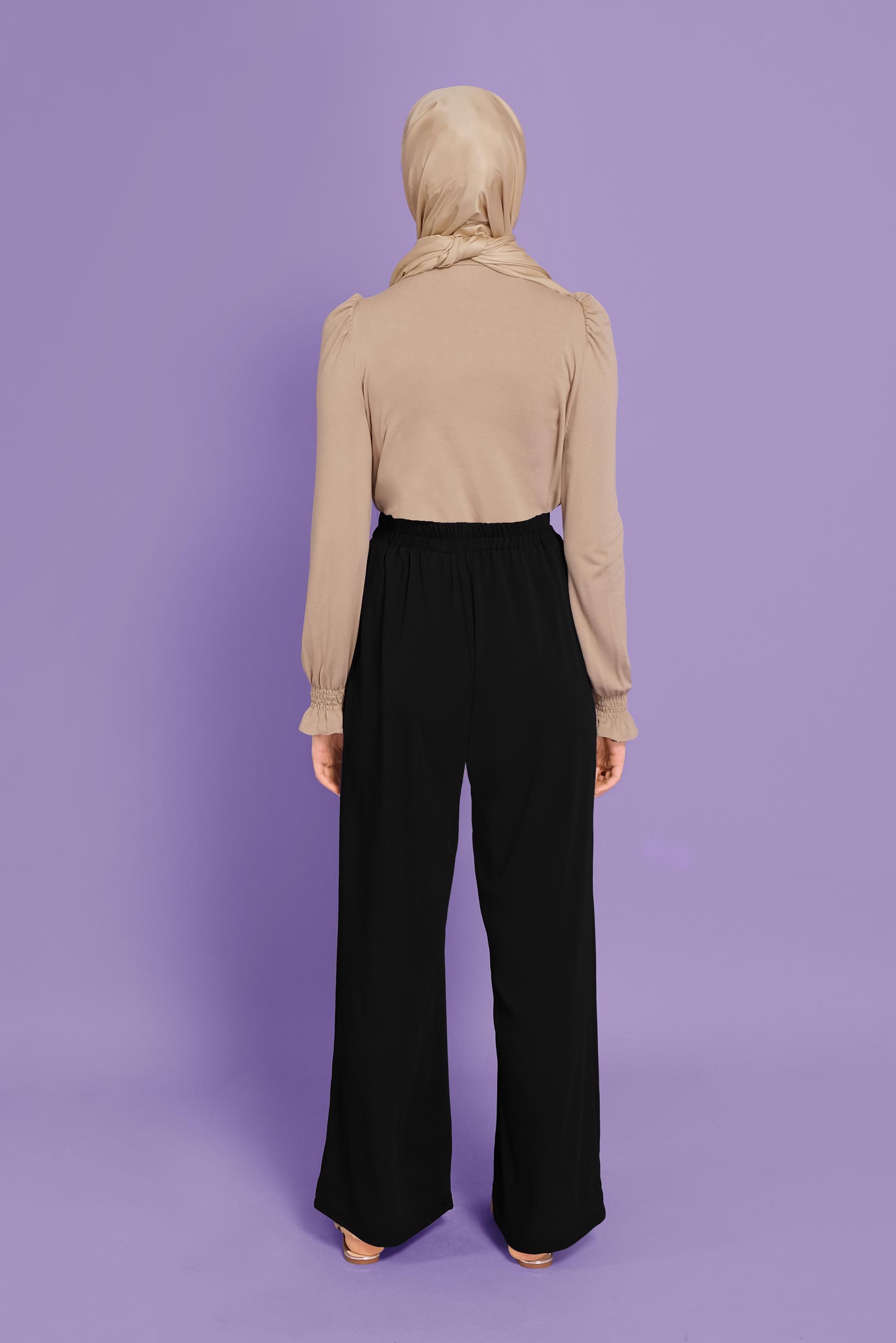 Tesettür giyim SİYAH BELİ LASTİKLİ FİYONK DETAYLI PANTOLON 70181	