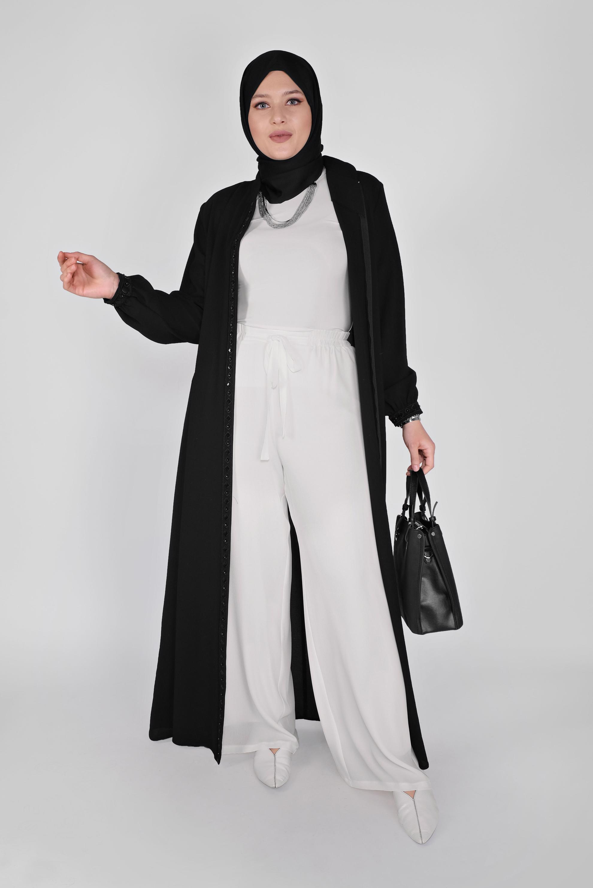 Tesettür giyim BEYAZ BELİ LASTİKLİ FİYONK DETAYLI PANTOLON 70181	