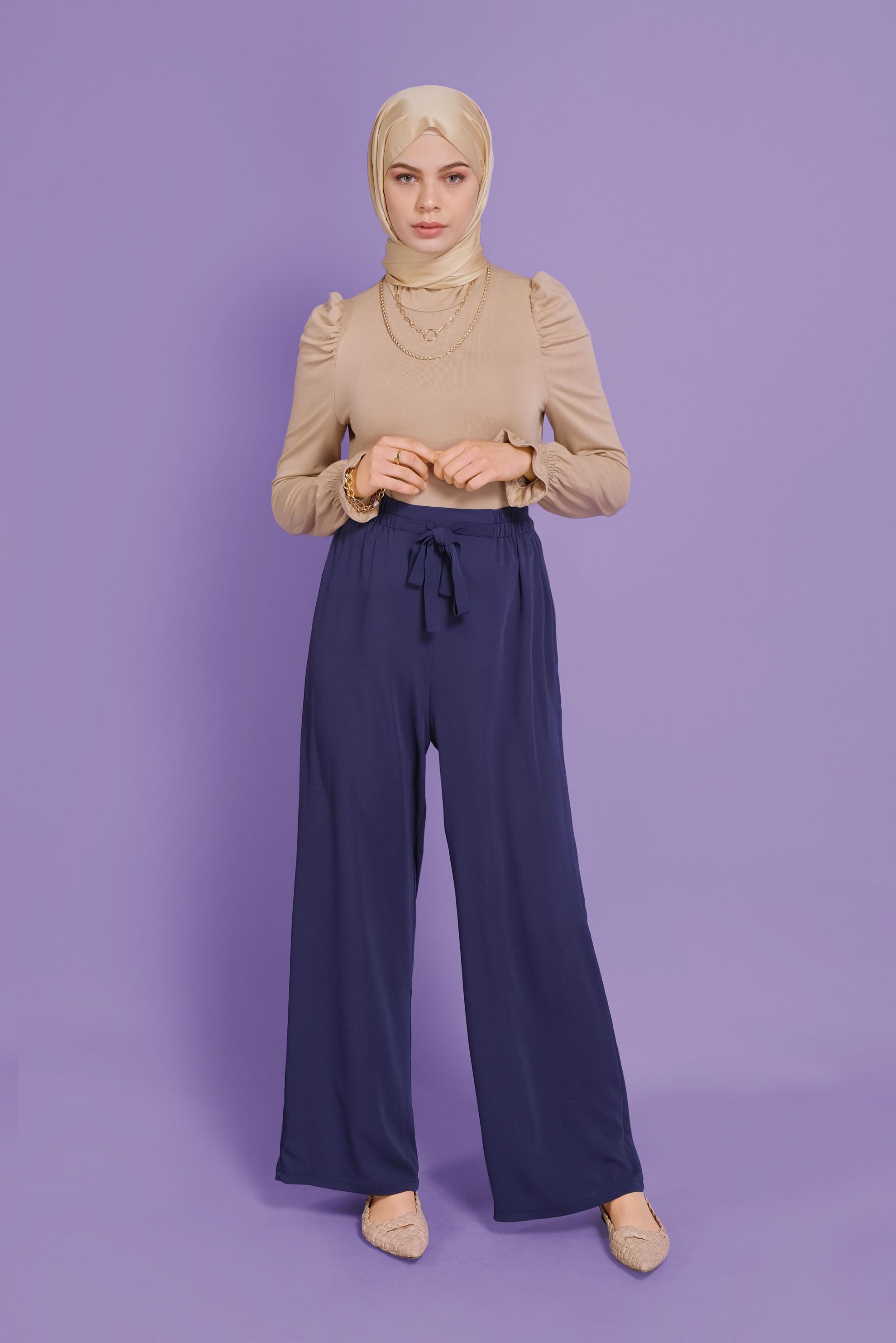 Tesettür giyim LACİVERT BELİ LASTİKLİ FİYONK DETAYLI PANTOLON 70181	