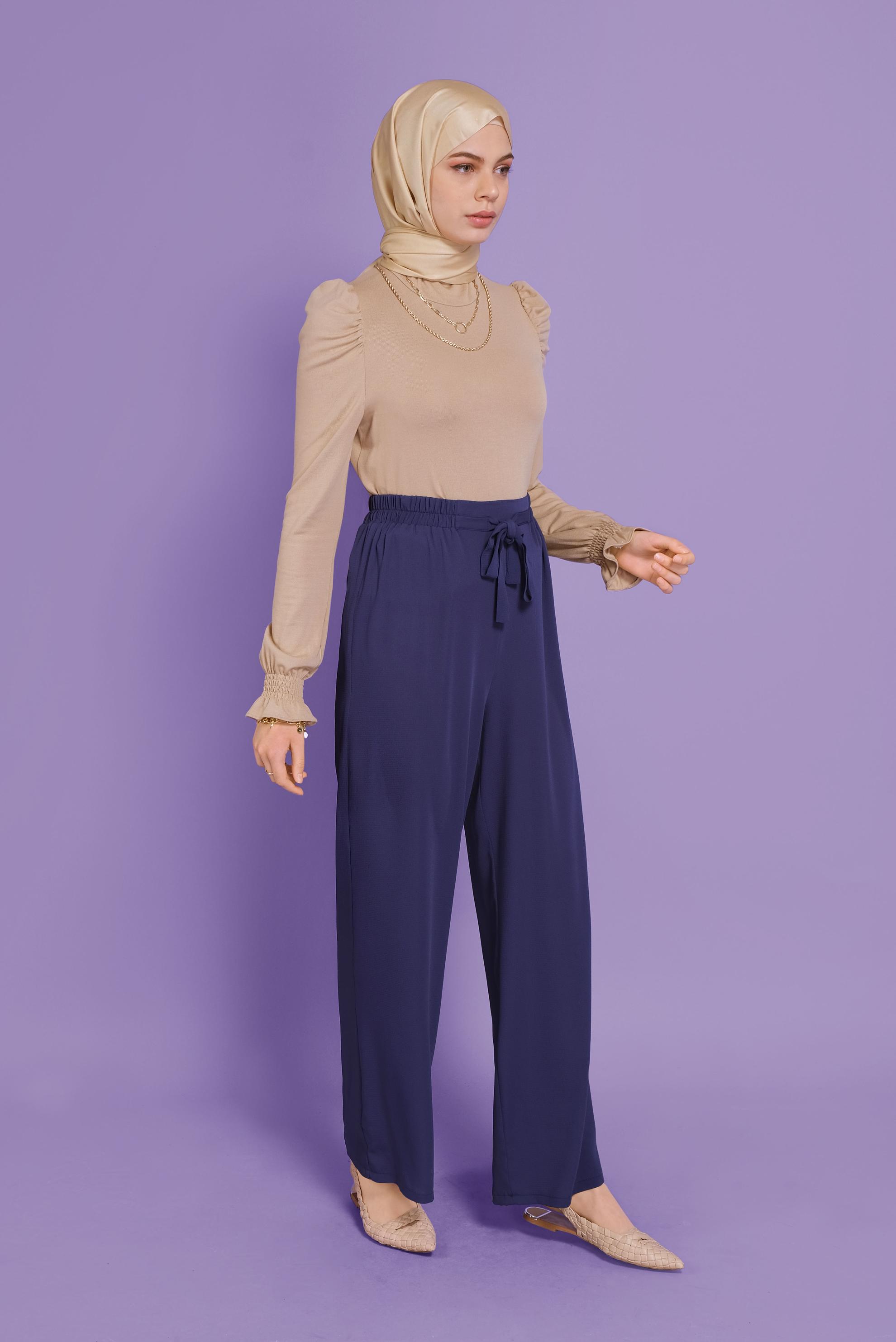 Tesettür giyim LACİVERT BELİ LASTİKLİ FİYONK DETAYLI PANTOLON 70181	