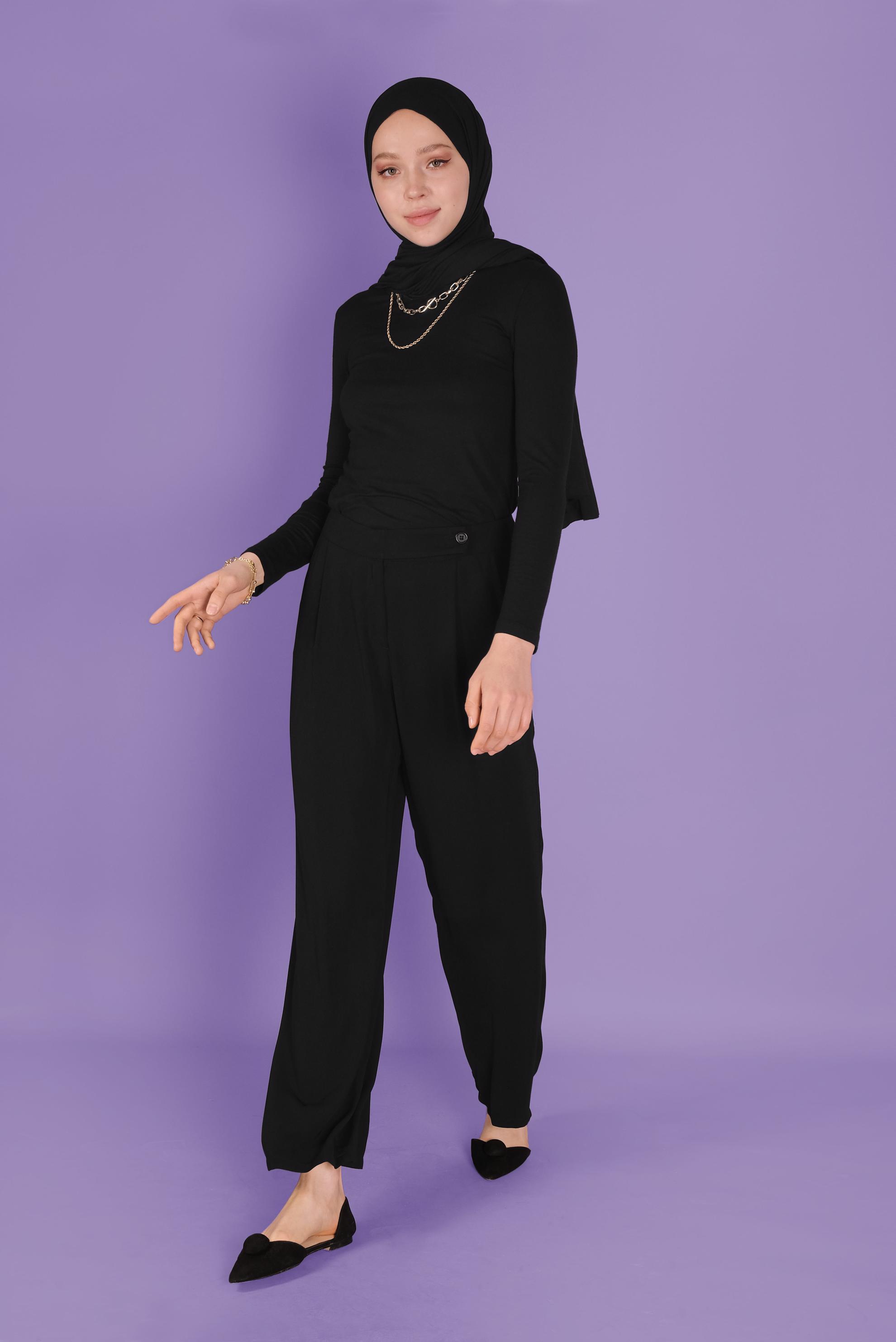 Tesettür giyim SİYAH GENİŞ PAÇA DÜĞMELİ PANTOLON 70190 