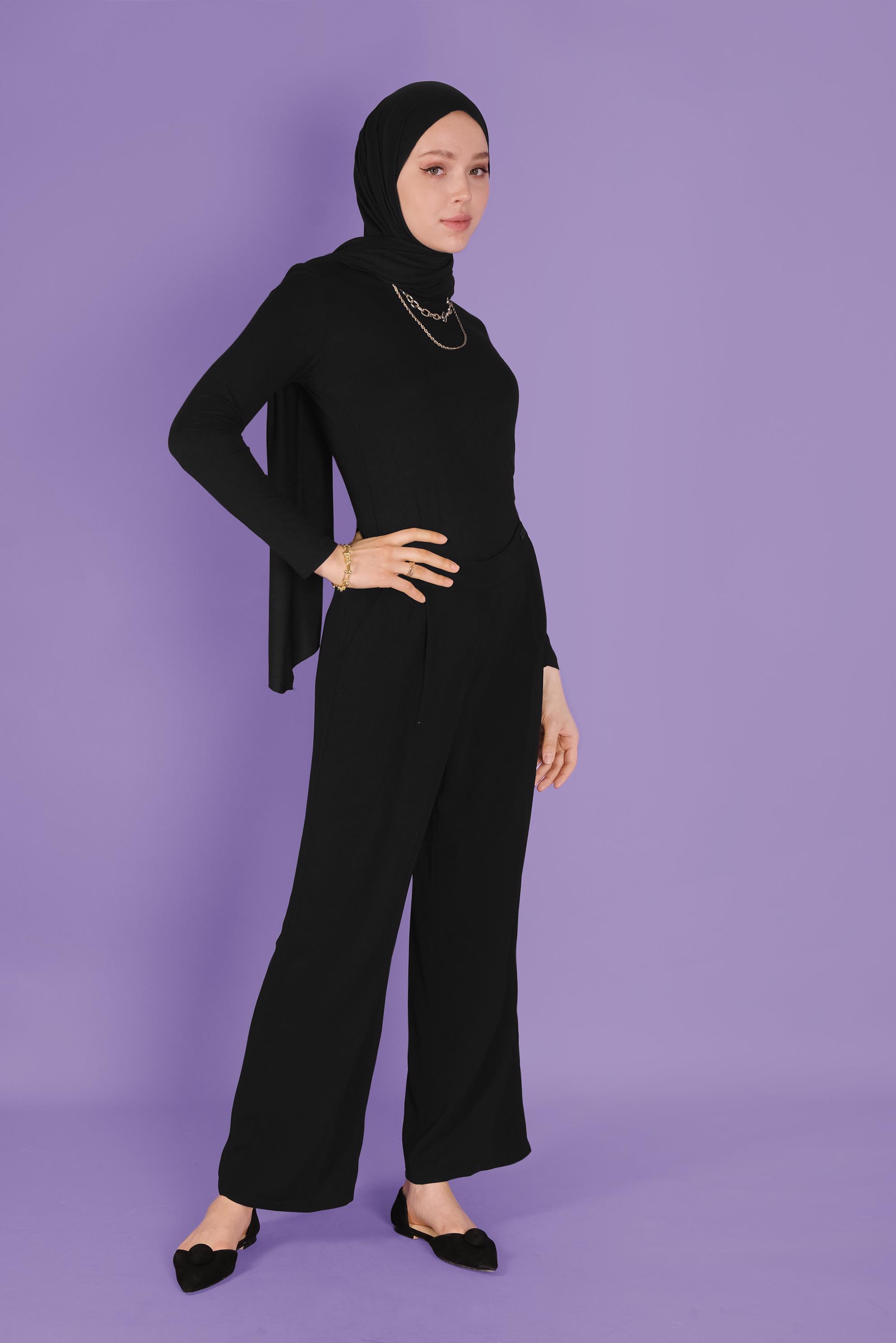 Tesettür giyim SİYAH GENİŞ PAÇA DÜĞMELİ PANTOLON 70190 