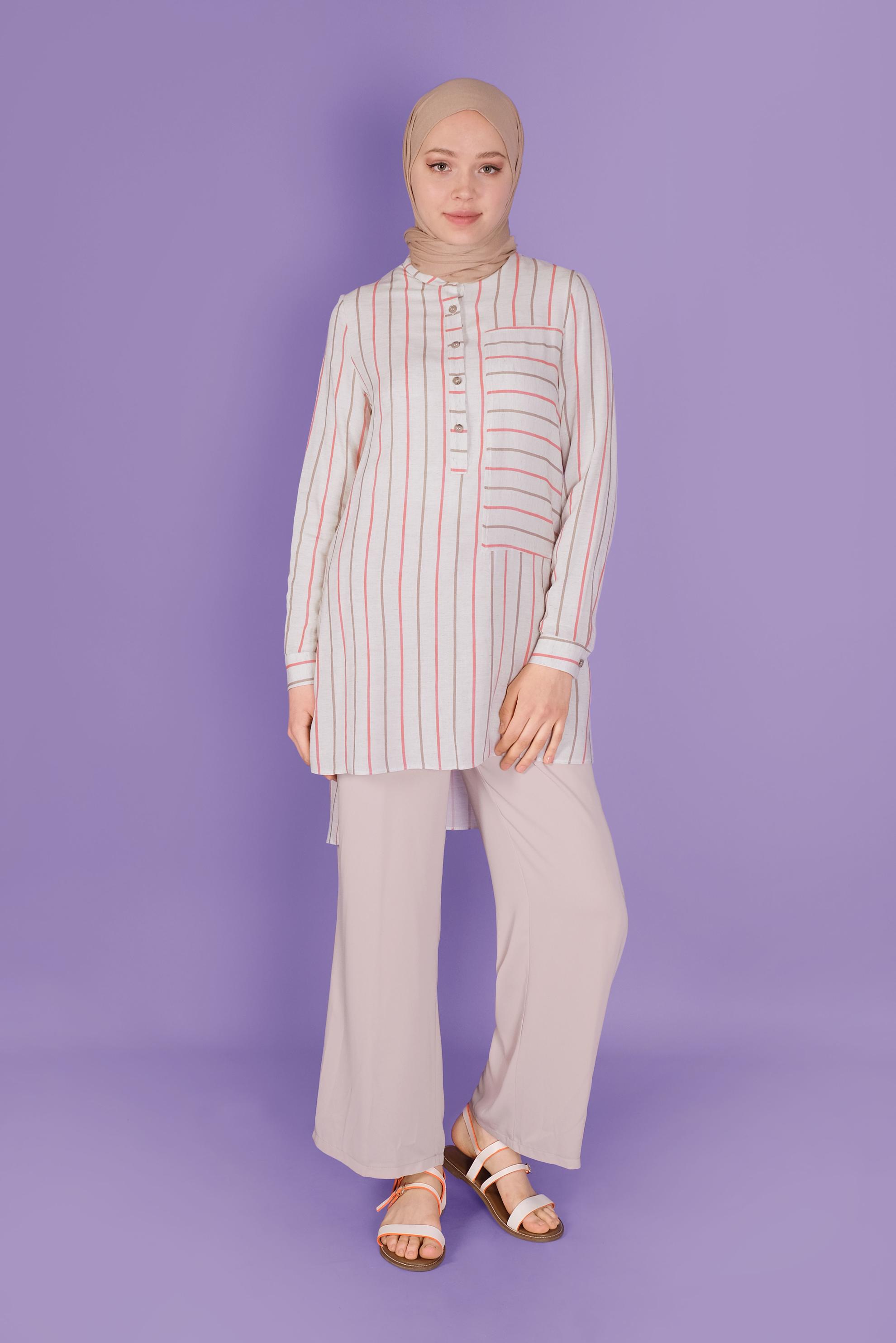 Tesettür giyim EKRU GENİŞ PAÇA DÜĞMELİ PANTOLON 70190 