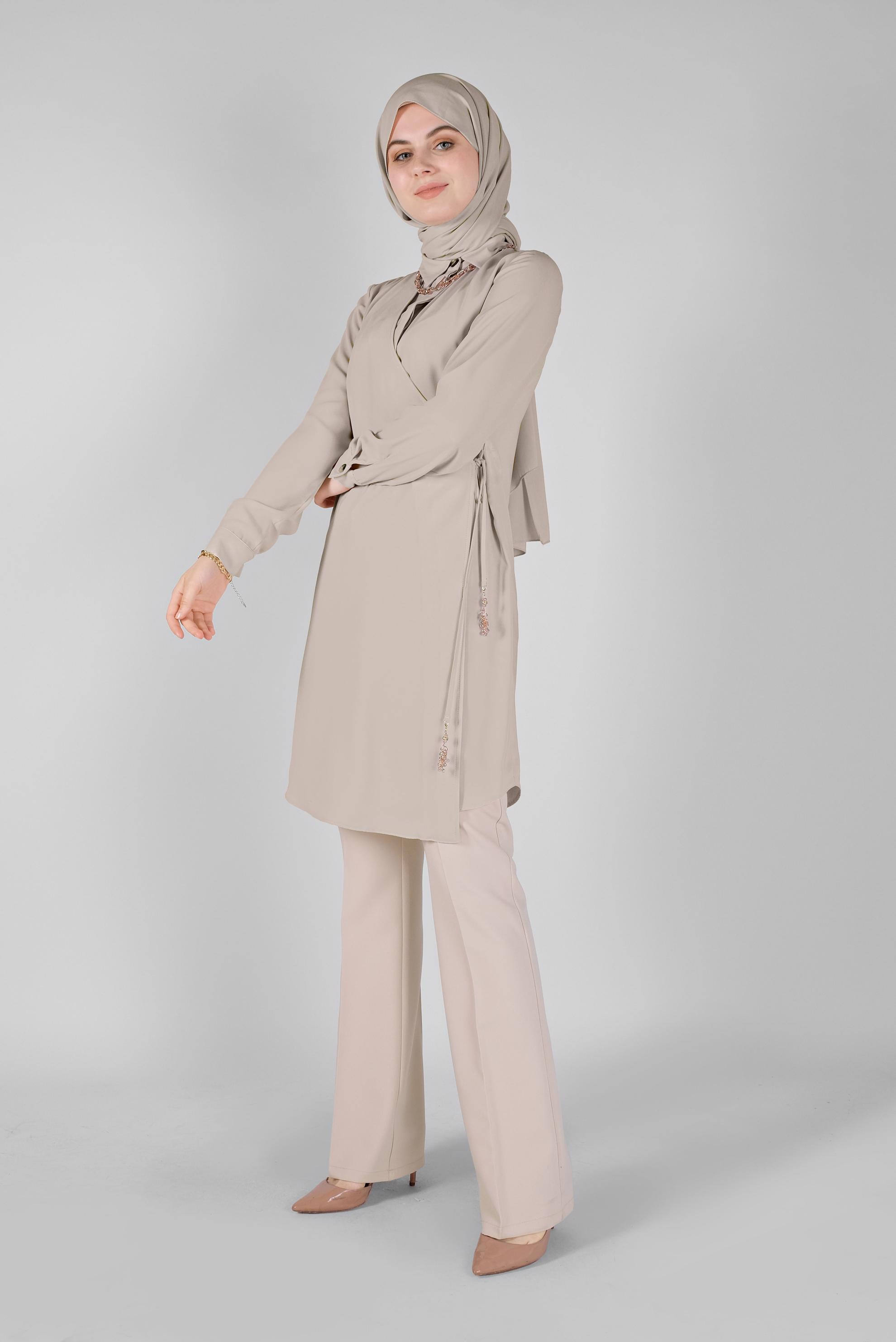 Tesettür giyim BEJ ARA BEL DÜĞMELİ PANTOLON 70192 