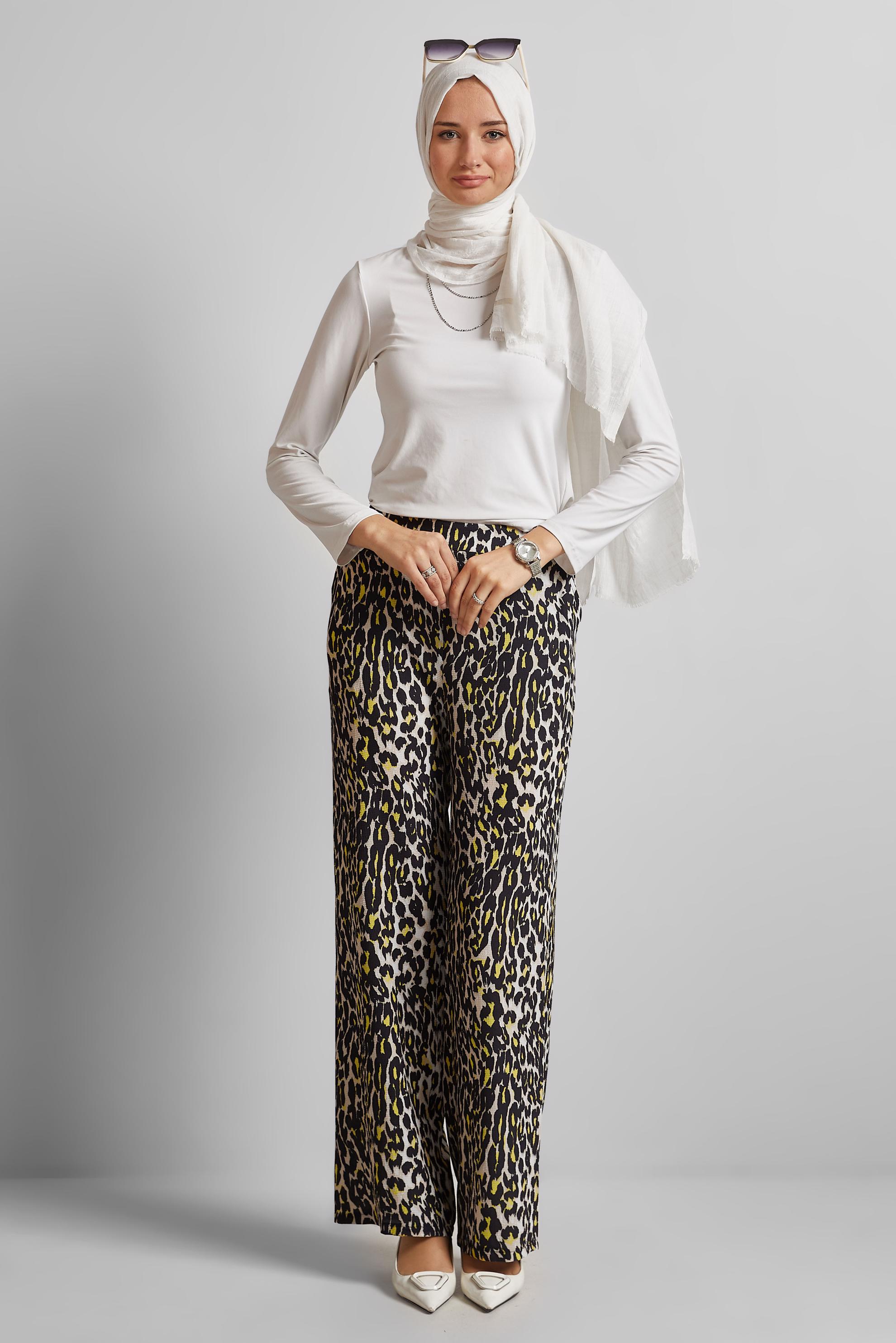 Tesettür giyim SARI LEOPAR DESENLİ PANTOLON 70259