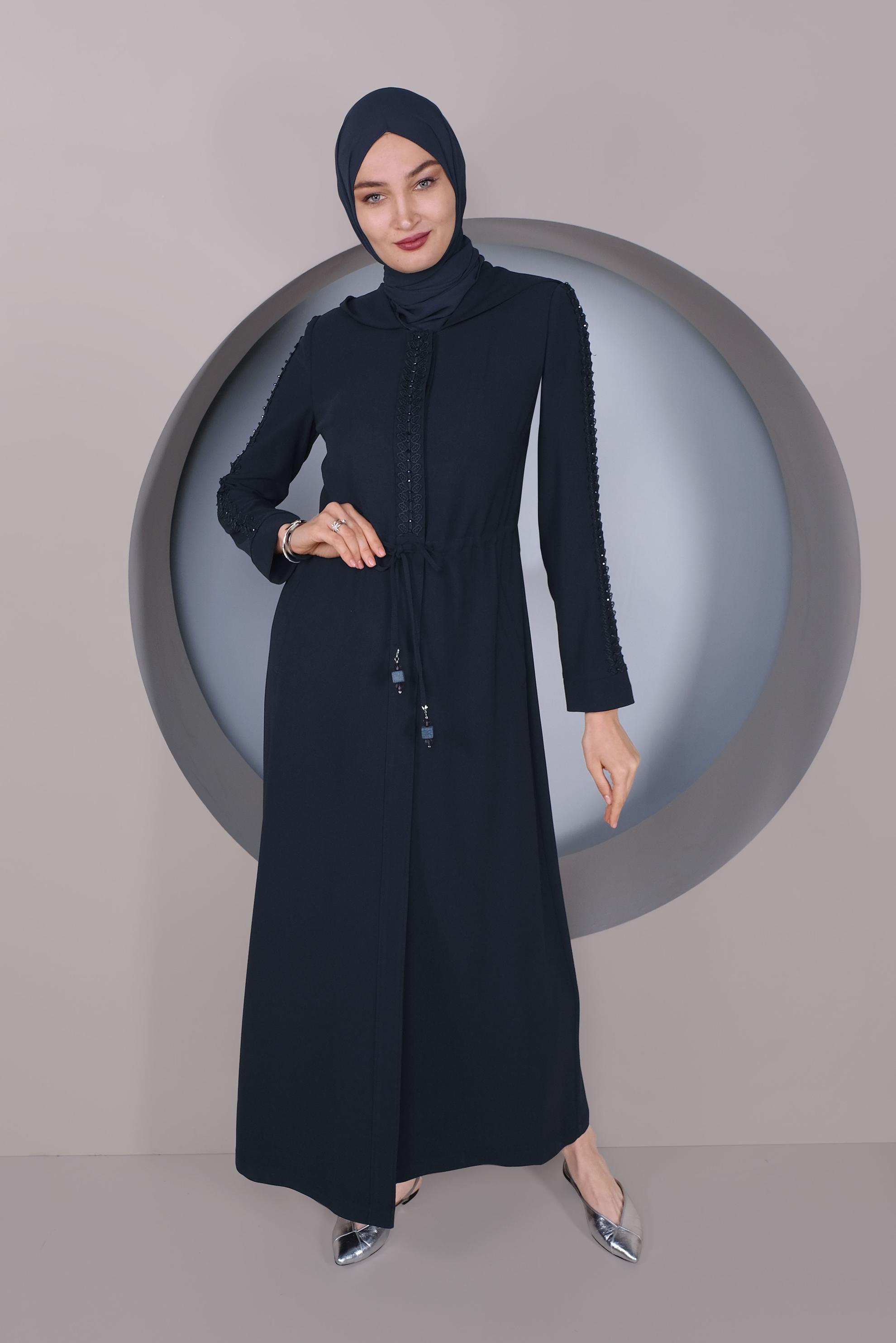 Tesettür giyim LACİVERT KAPÜŞONLU GİZLİ DÜĞMELİ PARDESÜ 10237