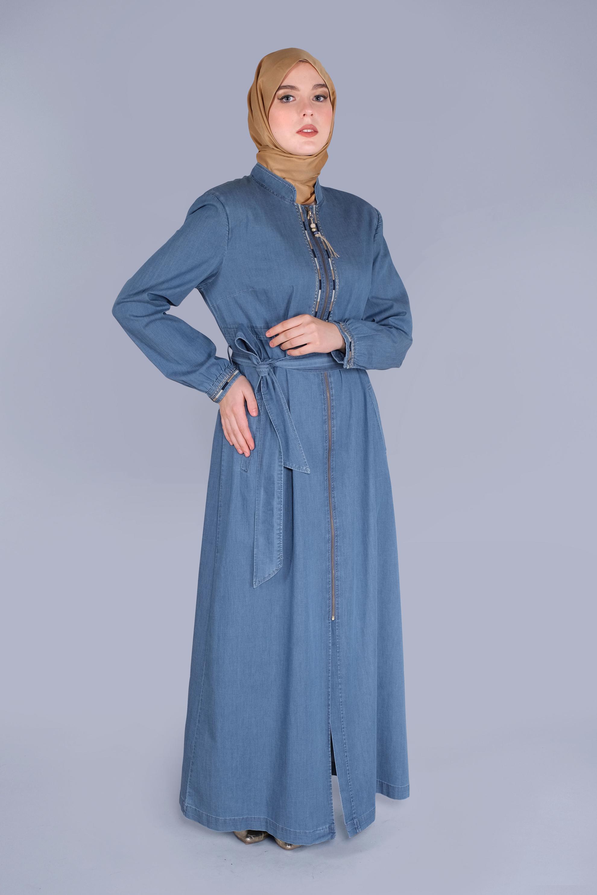 Hijab clothing NAVY BLUE BELTED DENIM TOPCOAT 10244 
