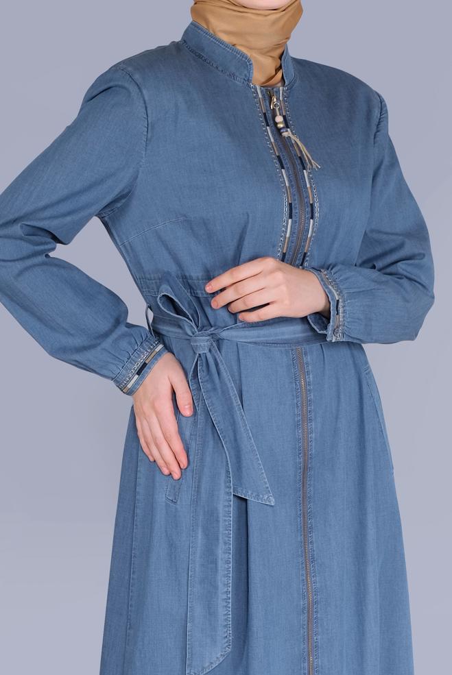 Hijab clothing NAVY BLUE BELTED DENIM TOPCOAT 10244  - ALVİNA